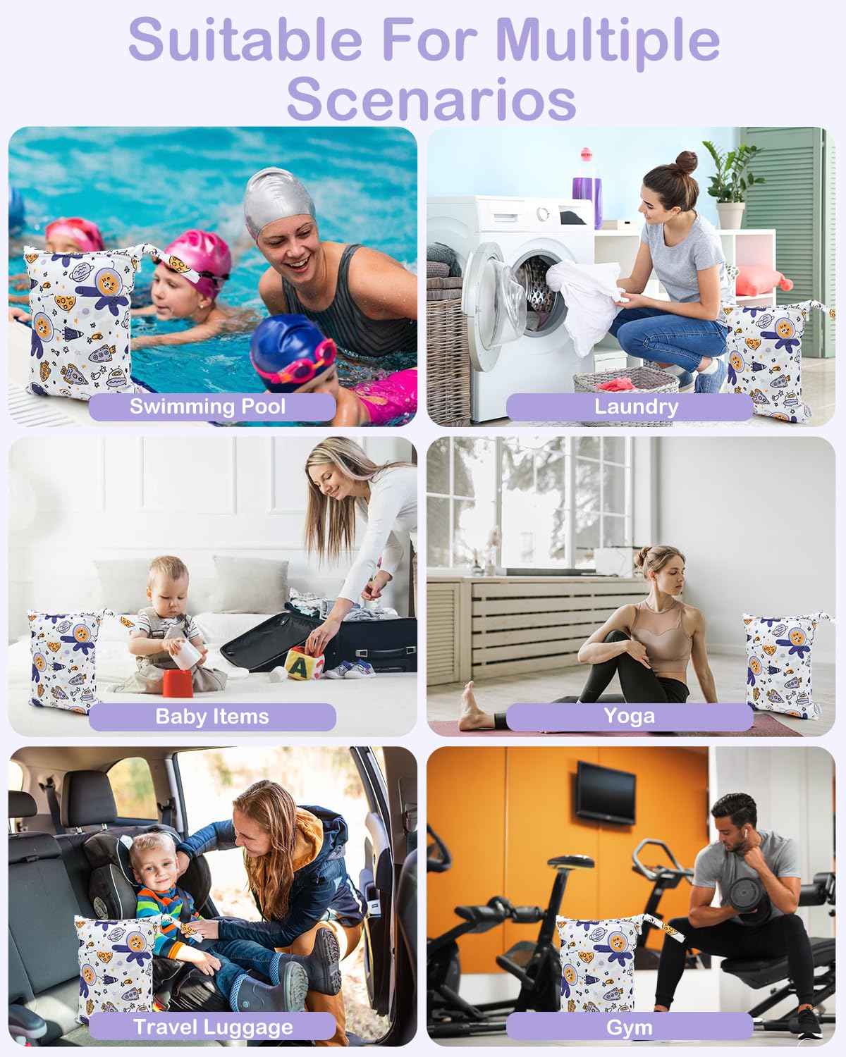 ALVABABY 3 Cloth Diaper Wet Dry Bags Waterproof Reusable with Two Zippered Pockets Travel Beach Pool Daycare Soiled Baby Items Yoga Gym Bag for Swimsuits or Wet Clothes Small Medium Large 3L-ZM28