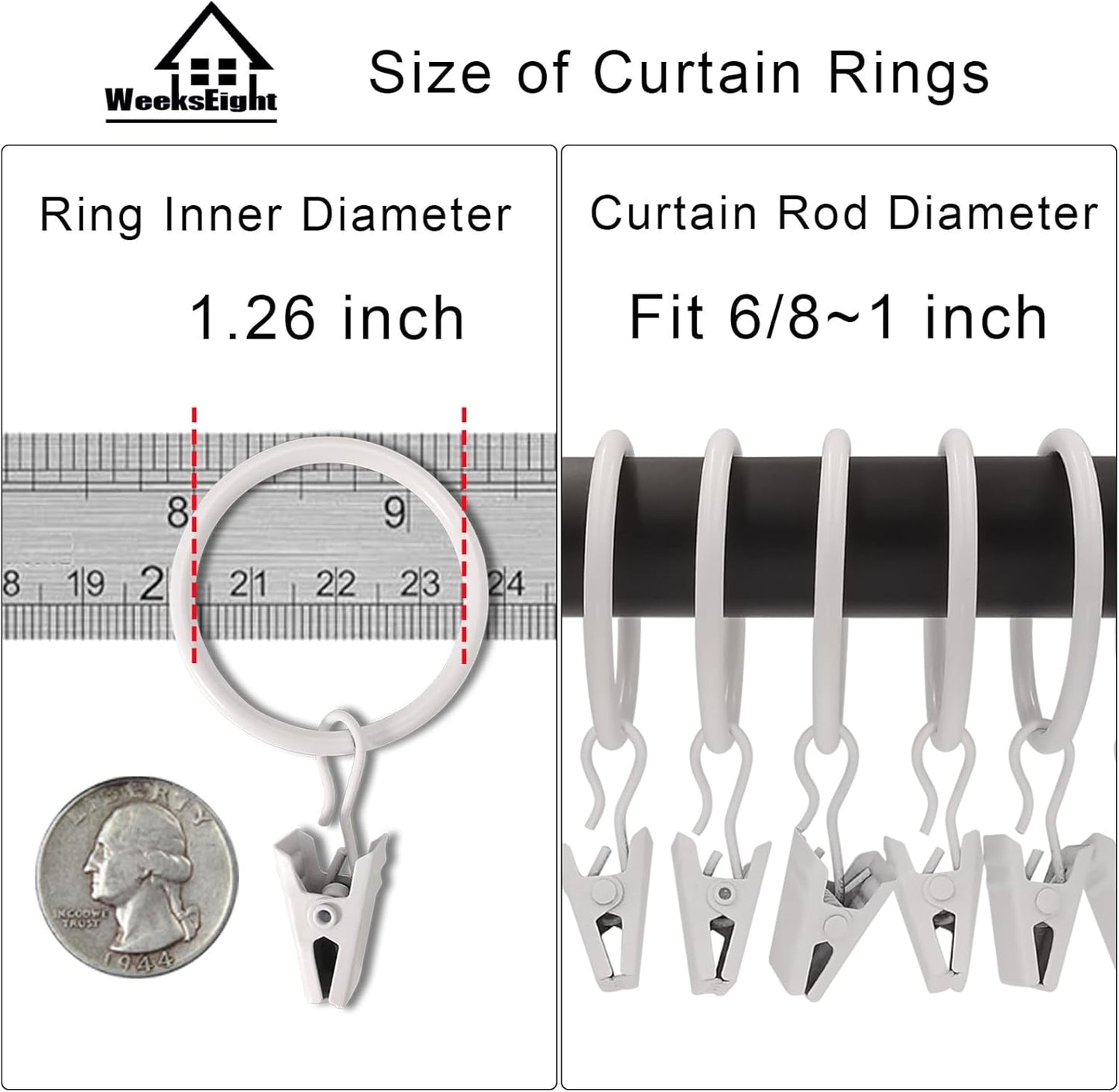 100 Pack White Curtain Rings with Clips, Curtain Hooks Hangers Clip Rings for Hanging Drapes Bows Hat, Drapery Rings 1.26 in I D, Fits up to 1 in Diameter Curtain Rod.