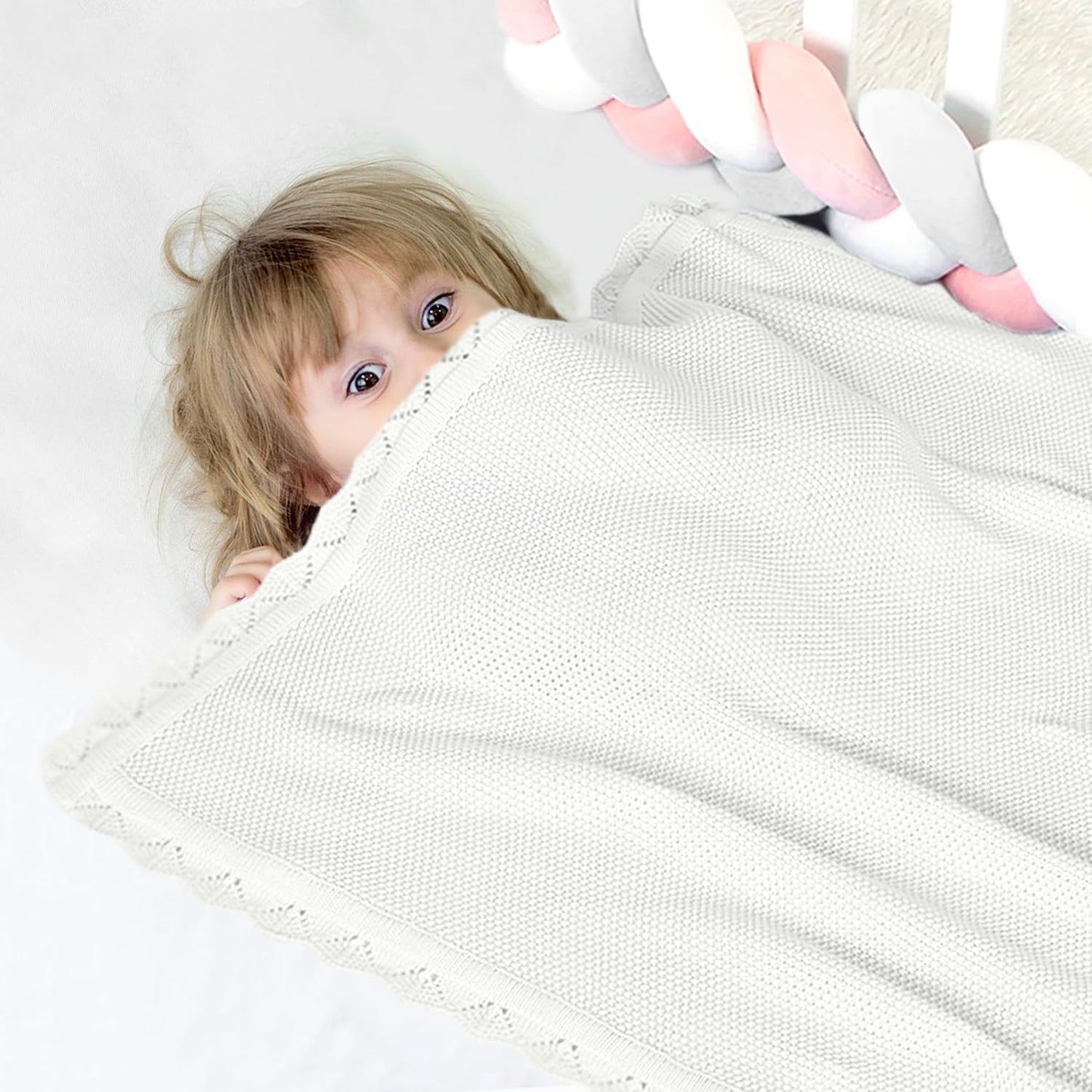 100% Cotton Baby Blanket Knit Lace Soft Warm Toddler Blanket,30 x 40 Inches,White