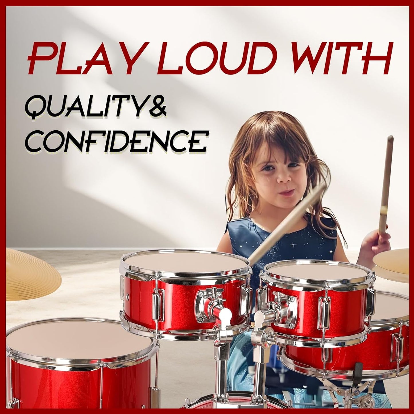 Kids 5-Piece Complete Junior Drum Set with Genuine Brass Cymbals with 16" Bass Drum, Tom-Tom, Snare, Cymbals, Hi-Tone Drum, Drum Sticks, Base Pedal and Adjustable Throne, Beginner Set Red