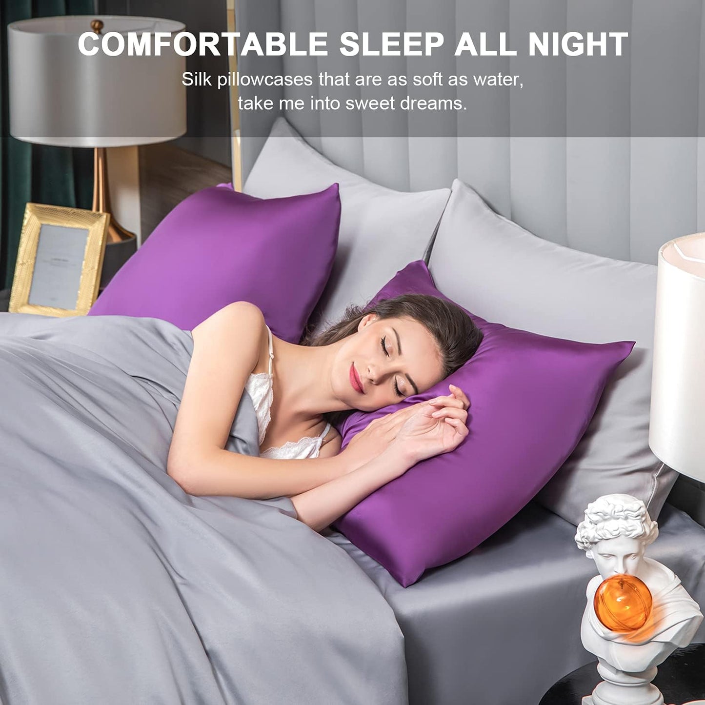 Mulberry Silk Pillowcase for Hair and Skin,King Size Cooling Silk Pillow Case with Hidden Zipper,Allergen Proof Dual Sides Soft Breathable Smooth Silk Pillow Cover for Women(King,Purple)