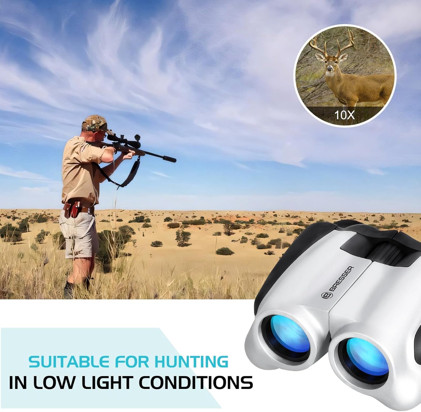 BRESSER 10x25 Binoculars for Adults and Kids, Folding Compact Binocular with Weak Light Vision, Lightweight Small Binoculars for Bird Watching, Travel, Concerts, Hunting, Hiking (White)
