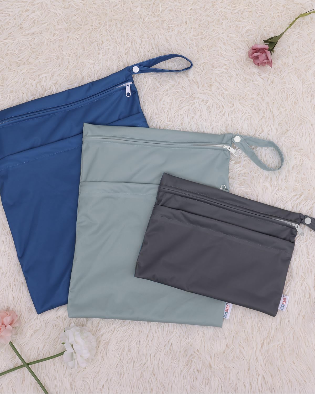 ALVABABY 3 Cloth Diaper Wet Dry Bags Waterproof Reusable with Two Zippered Pockets Travel Beach Pool Daycare Soiled Baby Items Yoga Gym Bag for Swimsuits or Wet Clothes Small medium Large 3L-SML01