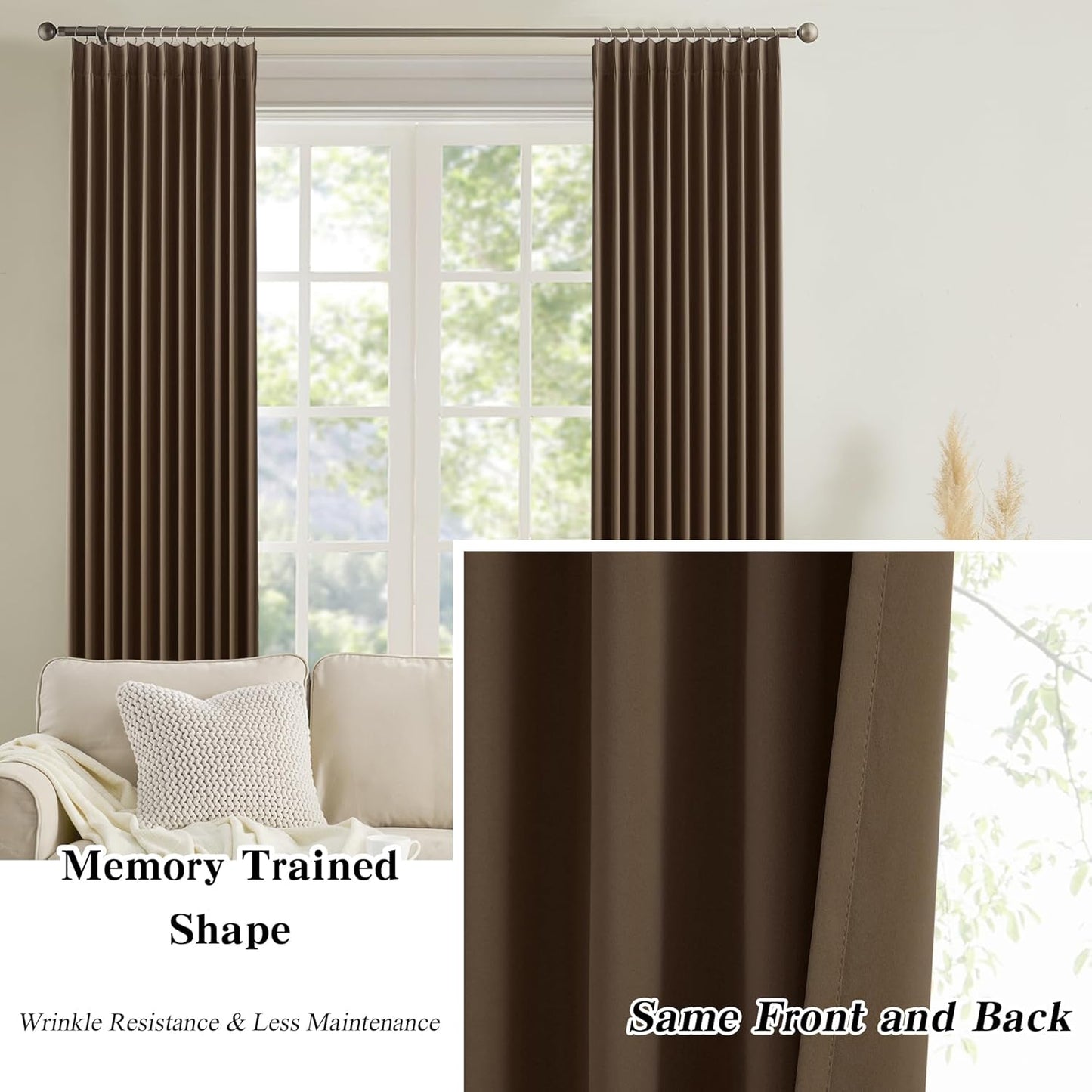 KEQIAOSUOCAI Brown Blackout Curtains 126 Inches Long, Extra Long Pinch Pleats Living Room Curtains Thermal Pleated Curtains Panels Drapery for Home, Hotel, Office, 40" W x 126" L, Set of 2
