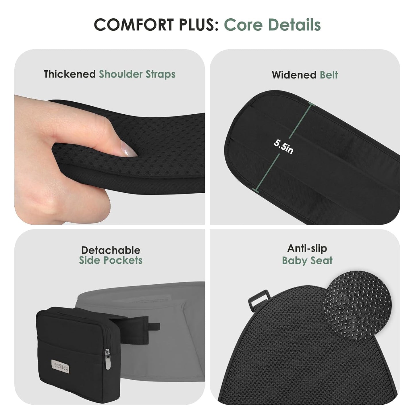 FRUITEAM Baby Carrier Newborn to Toddler 6 in 1 Hip Waist Stool with Head and Lumbar Support, Safety - Certified Hip Seat Carrier, Adjustable & Removable Baby Carrier for All Seasons, Black