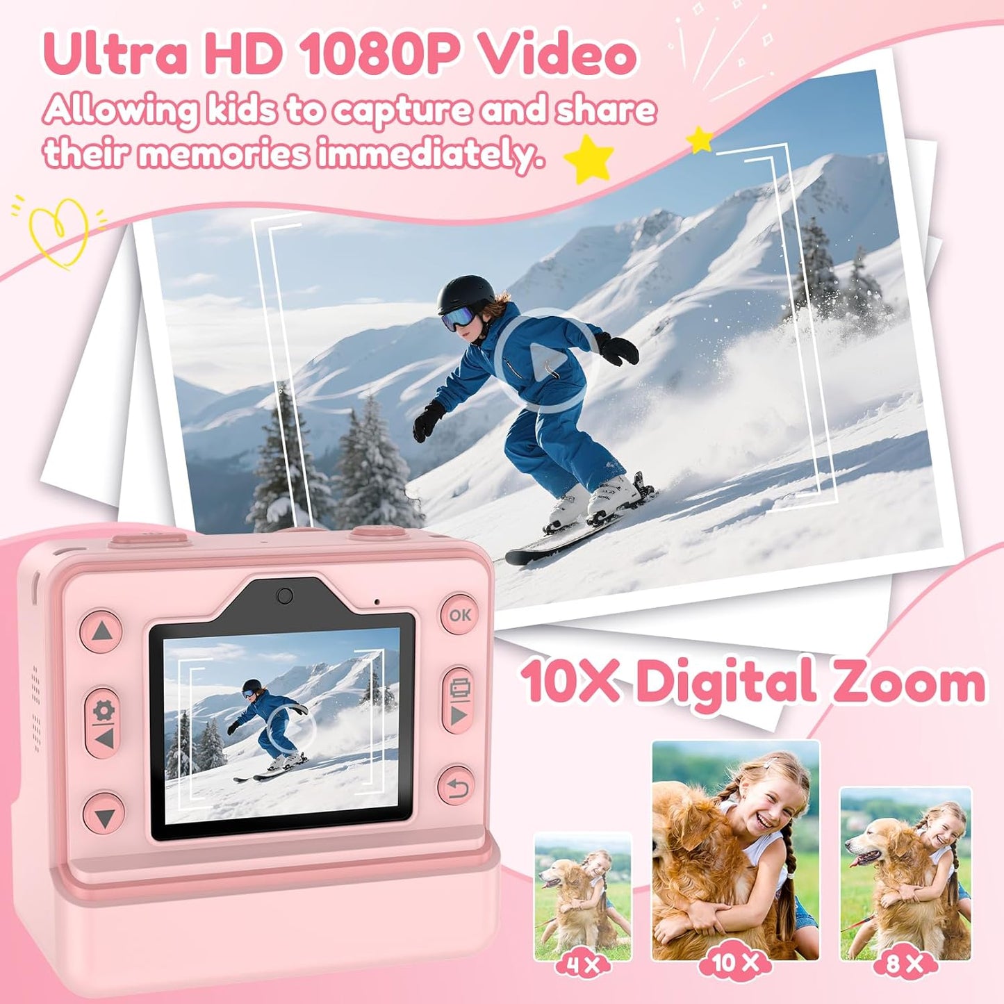 Kids Camera Instant Print, Dual-Lens Selfie Camera for Kids with 1080P Videos, 2.4 Inch Screen, 32GB SD Cards & 3 Rolls Print Paper, Christmas Birthday Gifts for Girls Age 3-12