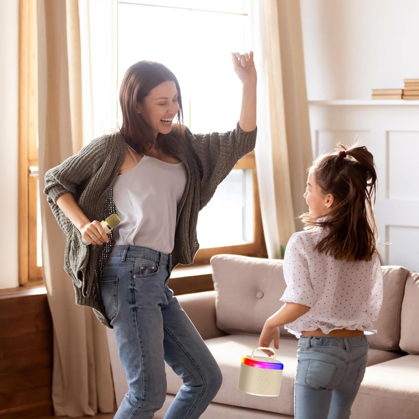 JYX Mini Karaoke Machine for Kids, Portable Bluetooth Karaoke Speaker Unpowered Cabinets with 2 Wireless Microphones and Party Lights for Adults, Birthday Gifts for Girls Boys Family Home Party(Beige)