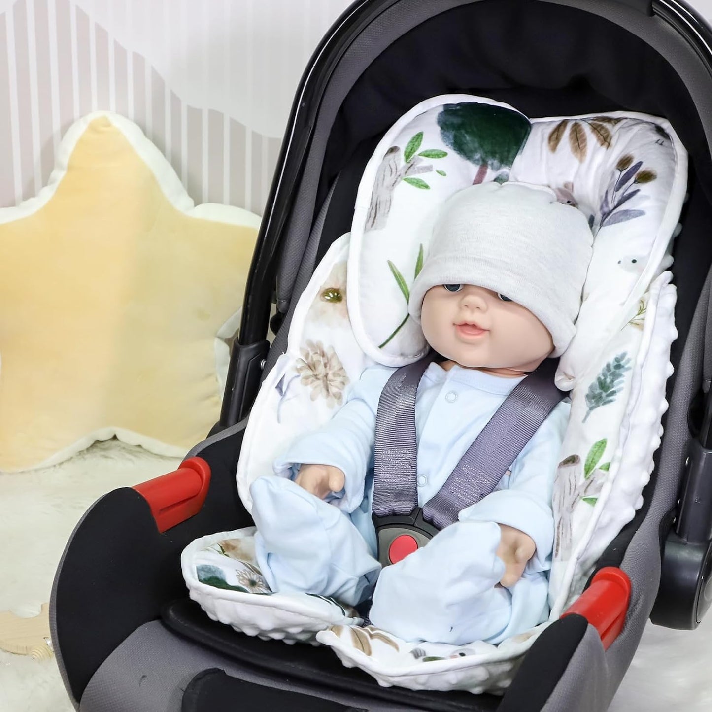 2 in 1 Infant Car Seat Insert, Car Seat Head Support Baby Girls Boys, Soft Newborn Carseat Insert Cushion, Perfect for Carseats, Strollers, Swings (White Animals)