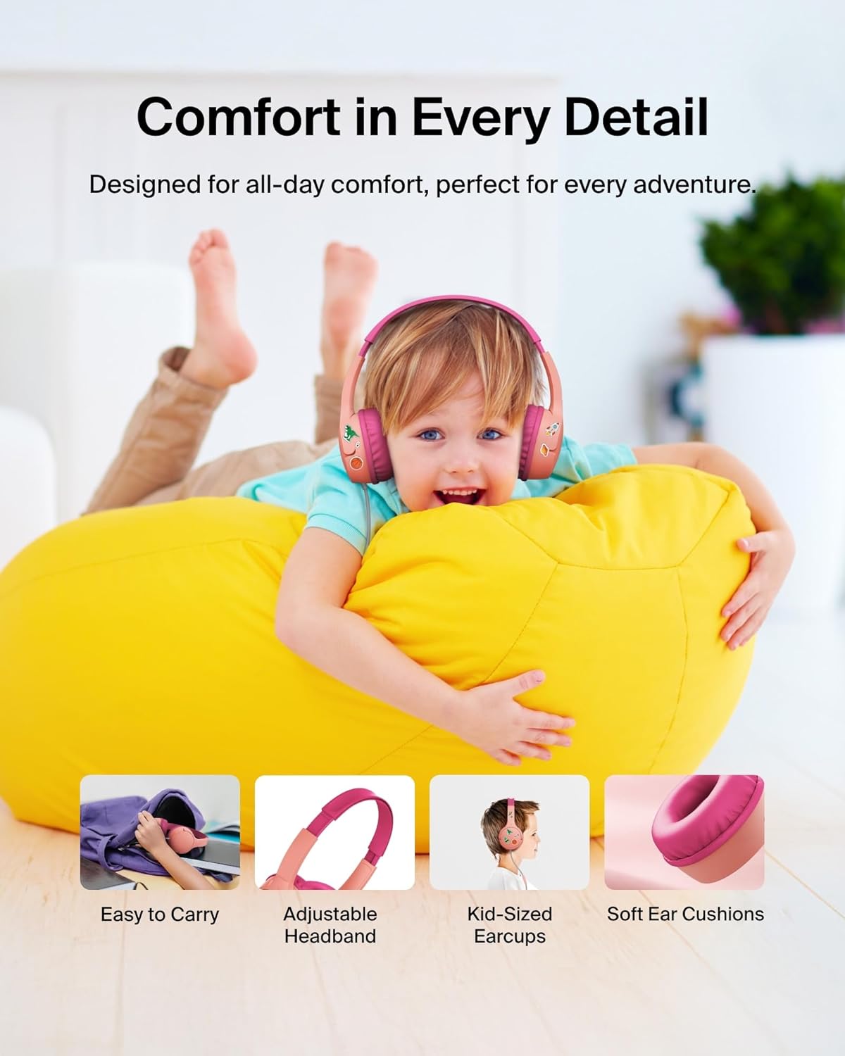 Belkin SoundForm Mini Kids Wired Headphones w/USB C to 3.5mm Dongle, Built-in Mic & Fun Stickers, 85dB Max Volume – for Online Learning, Travel, Compatible w/iPhone 16, iPad, Galaxy S25, etc - Pink