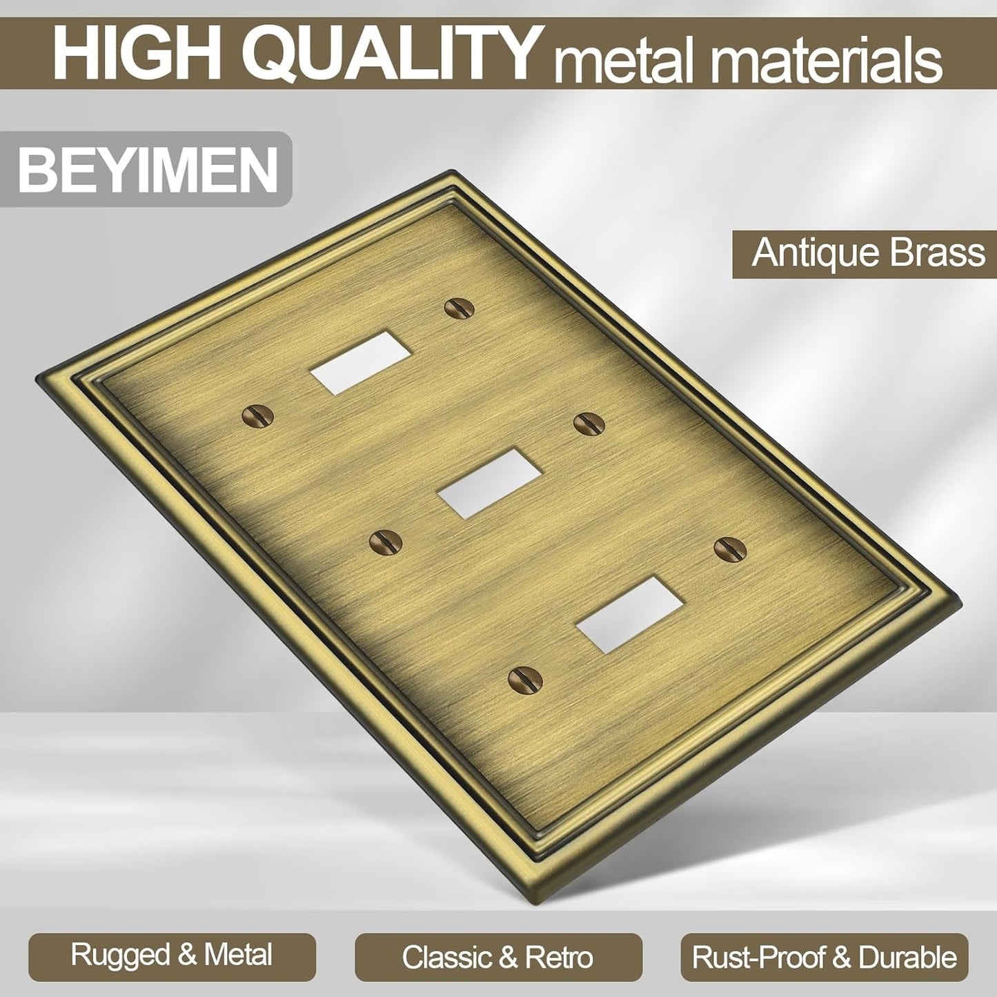 2 Pack Triple Toggle Light Switch Covers Plate, Antique Brass Metal Material Switch Plate Covers, 3 Gang Wall Plate for Light Switch - Classic Style