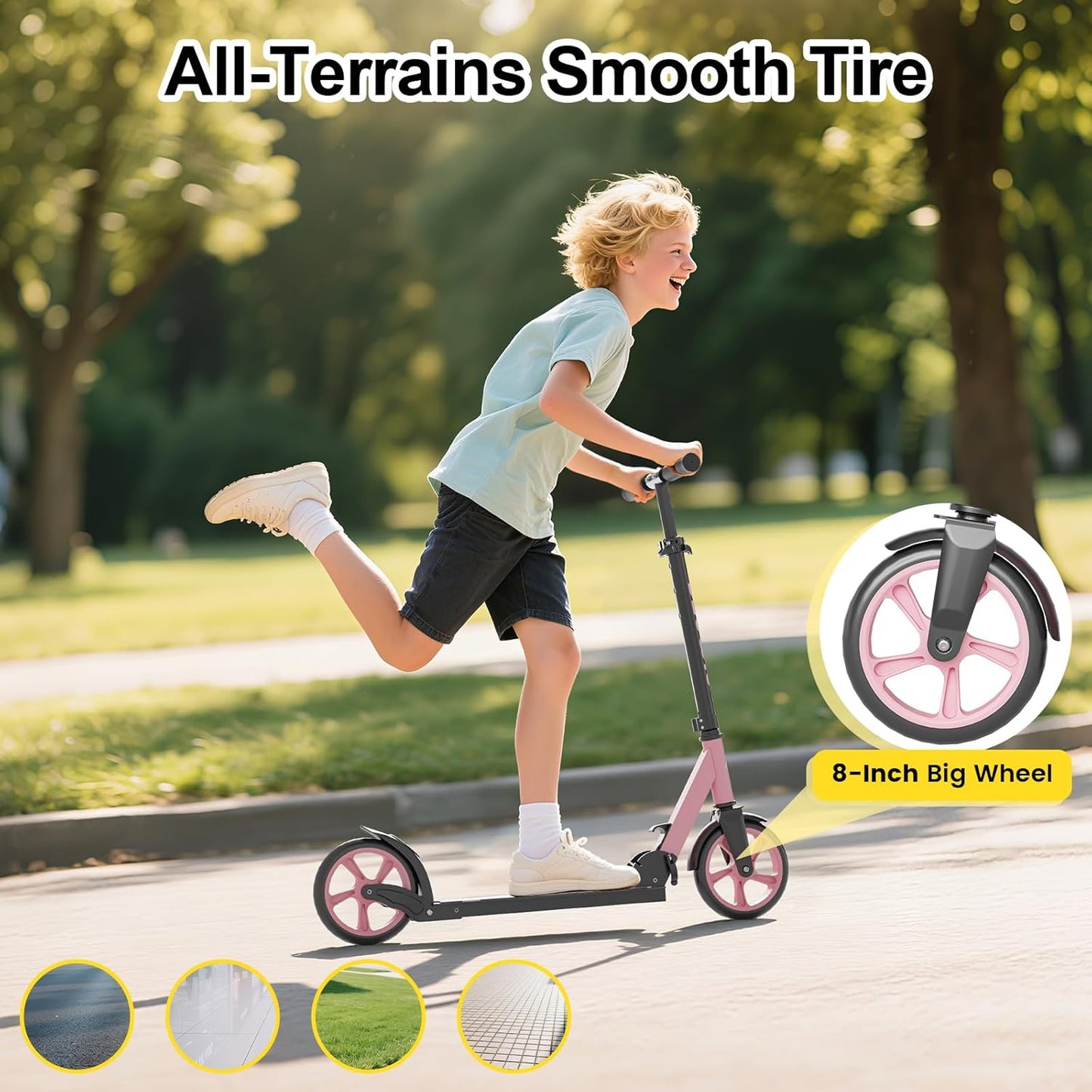 Kick Scooter for Kids Teens & Adults, 4 Adjustable Heights, 8IN All Terrain Big Wheels, Foldable and Lightweight, Gifts for Girls Boys