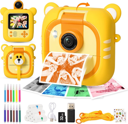 Kids Camera Instant Print, 7 Print Paper (4 Color: O/R/G/B+3 B&W), 2.4" Screen Instant Camera for Kids Ages 3-12,1080P, 180°Flip Lens,32GB Card- Christmas Birthday Present for Boys & Girls,M2