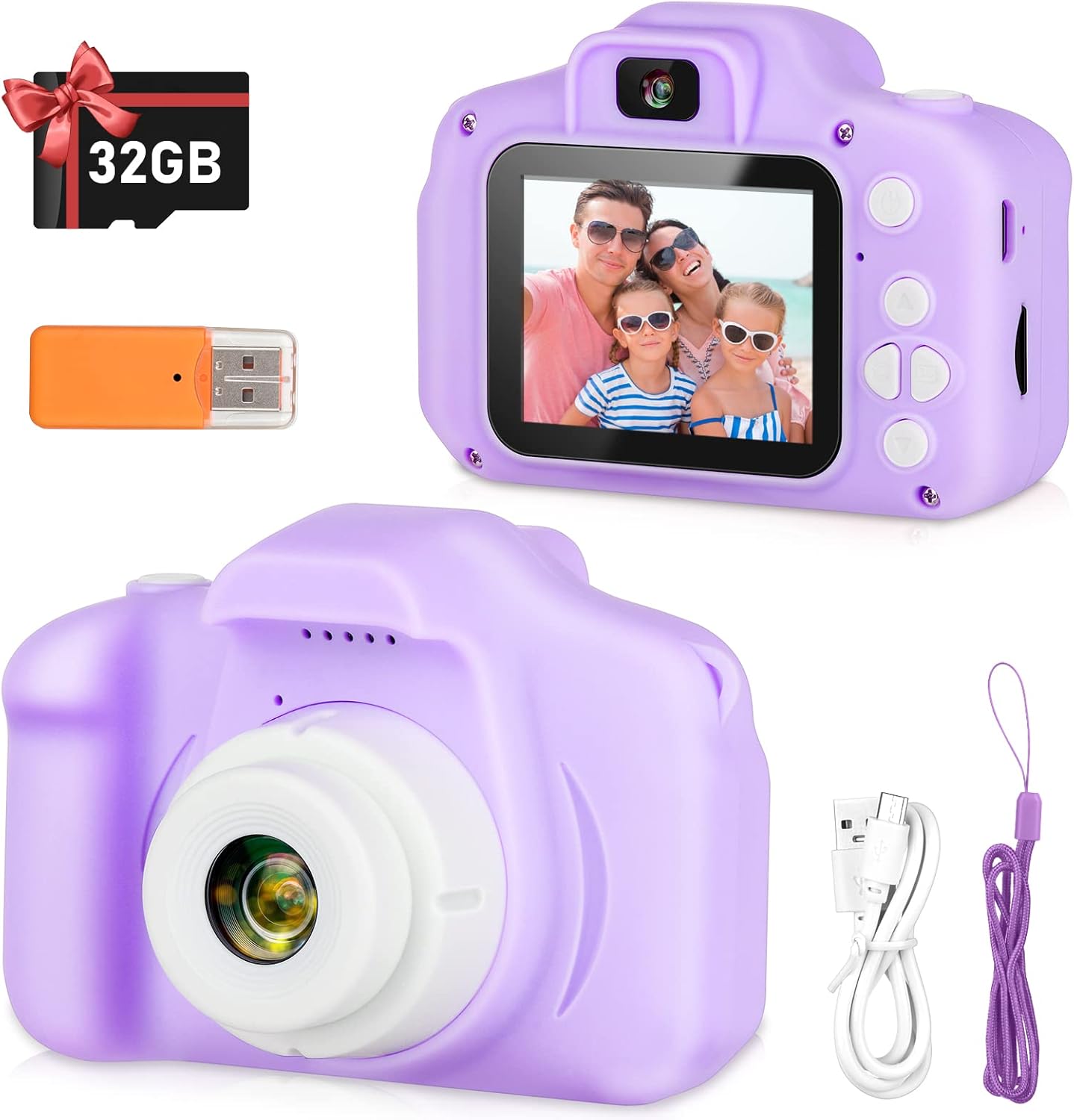 Kids Camera, HD Digital Video Camera, Childrens Toys for 3 4 5 6 7 8 9 Year Old Boys/Girls, Selfie Camera for Kids, Christmas Birthday Gifts with 32GB SD Card (Purple)
