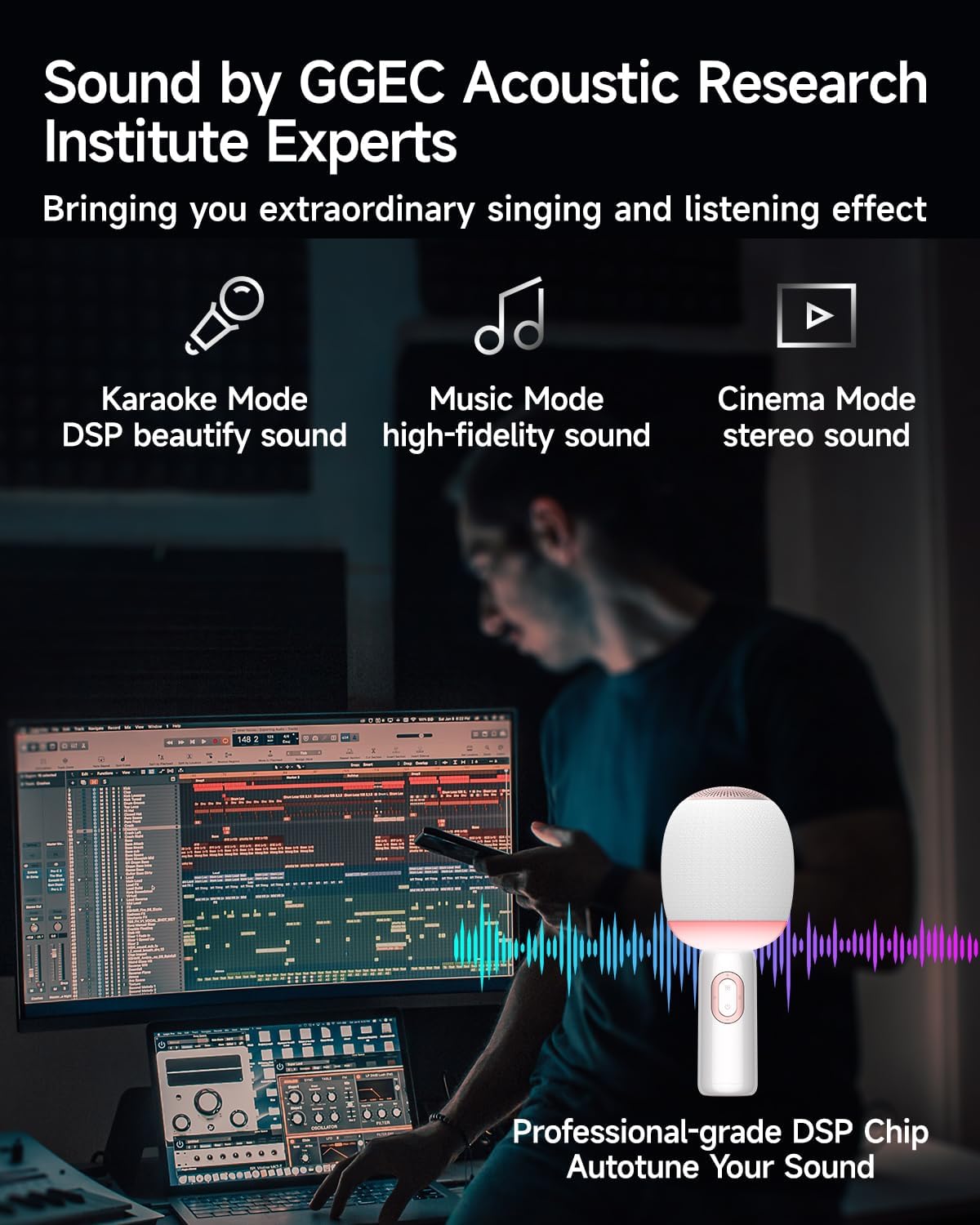 Wireless Bluetooth karaoke Microphone, 5-in-1 Portable Handheld Microphone for iPhone, Karaoke Microfono with Dynamic Lights for Car / Home Party, Music Record, Duet Singing Mic for Kids Adults-White