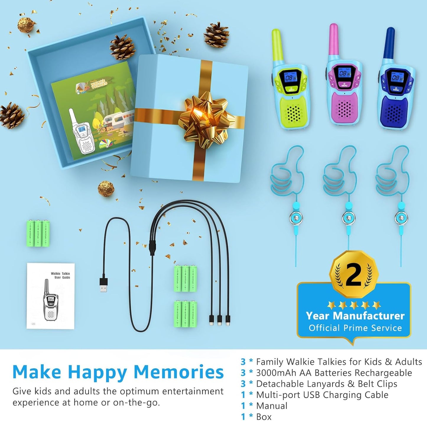 Walkie Talkies for Kids Long Range Walkie-Talkie for Adults Rechargeable 2 Way Radios 3 Pack with Lanyard 4 Miles NOAA USB VOX, Family Toys for 3-12 Year Old Boys Girls Toddlers Camping Hiking