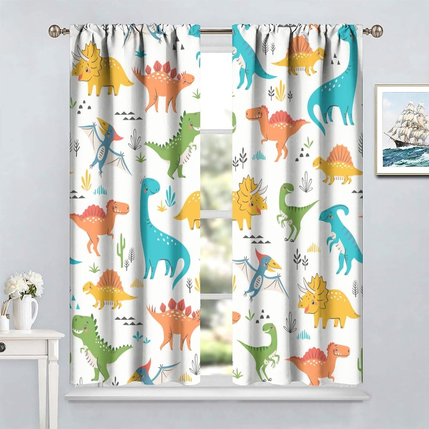 Kids Dinosaur Curtains for Boy Girl Bedroom Decor Cartoon Dino Colorful Cute Funny Animal Wildlife Printed Blackout Rod Pocket Window Drapes for Baby Nursery Playroom Living Room W36xL63in 2 Panels