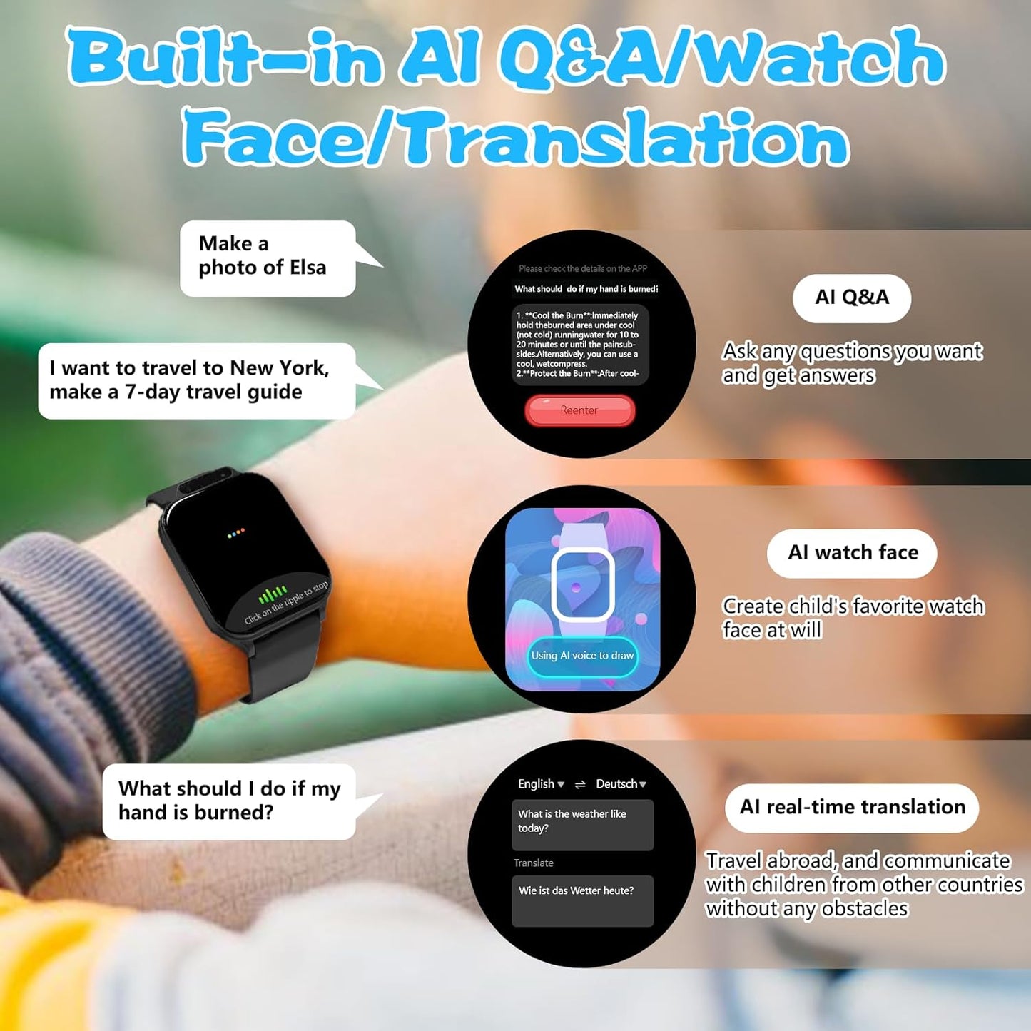 1.85" Kids Watch, AI(Translation/Q&A/Watch Face/Image Recognition)Smartwatches with Heart Rate,Sleep Monitor,Video Music Pedometer,NO APP/Phone, Gifts for 3-12 Years old Boys Girls(Built-in AI, Black)