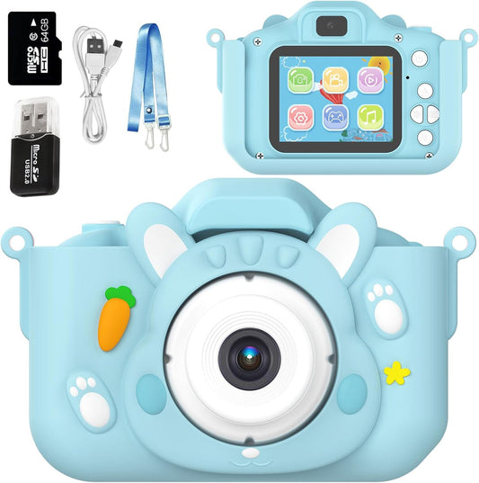 Kids Camera Toys,48MP Dual Lens with 64G SD Card and Cartoon Soft Cover for 3-8 Year Old Girls Boys (Bluer)