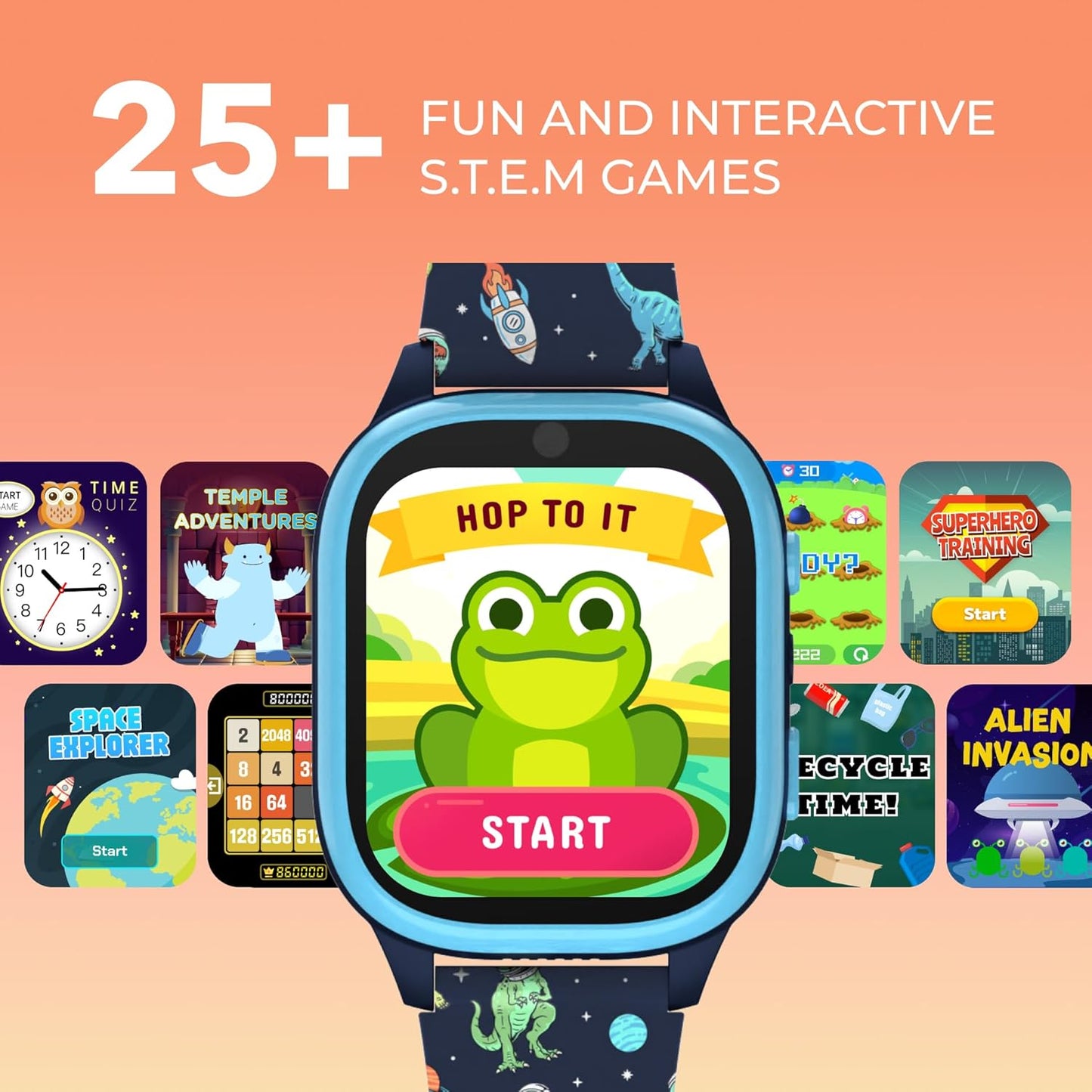 PlayZoom 4 Kids Smartwatch, Educational Tech Toy – 25+ Games, Selfie Camera, Audiobooks, Step Tracker, Water‑Resistant, Parental Controls, Long Battery, Ages 4‑12, Navy Dinosaurs