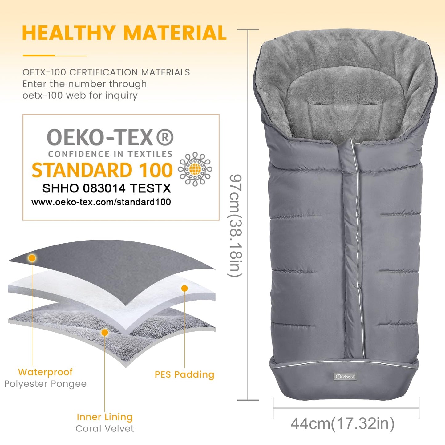 Orzbow Warm Bunting Bag Universal,Stroller Sleeping Bag Cold Weather,Waterproof Toddler Footmuff (Grey, Large)