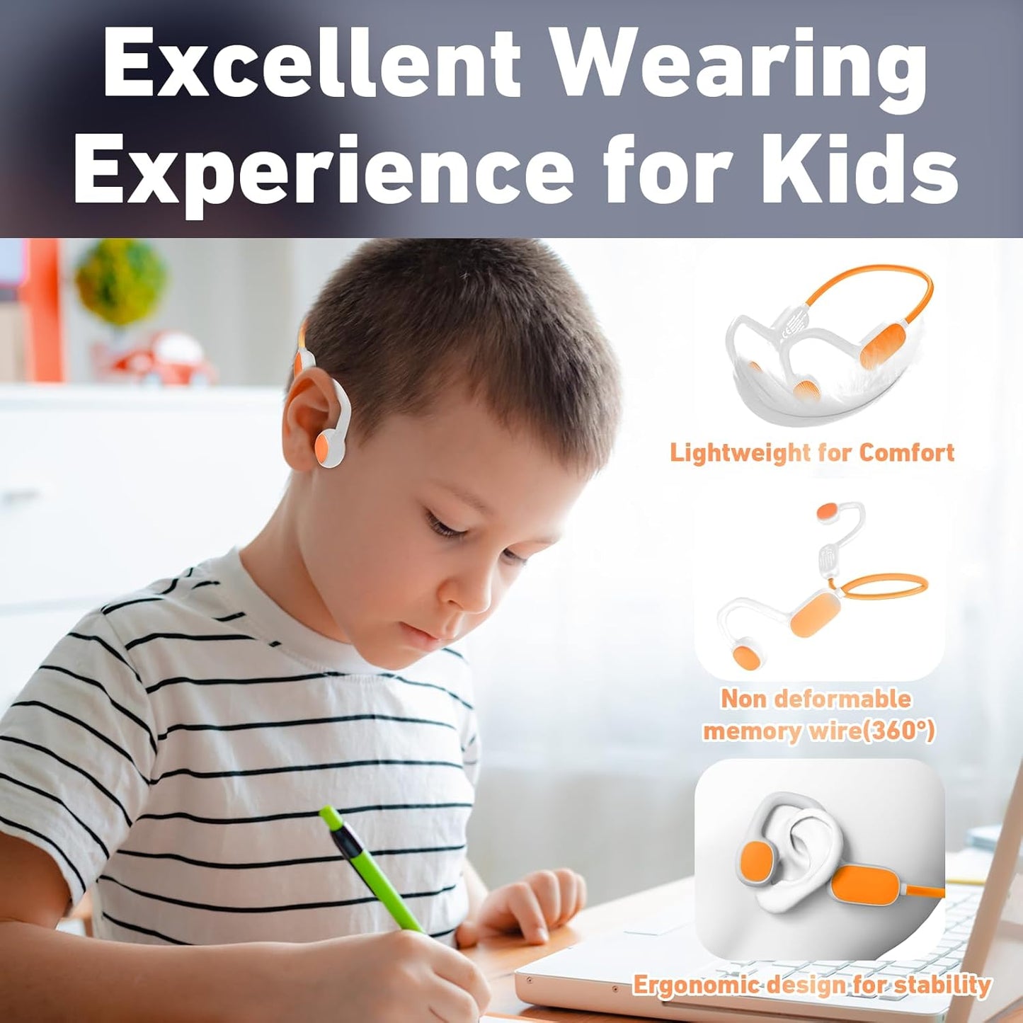 Kids Headphones, Bluetooth 5.2 Air Conduction Open Ear Headphones, 85dB Volume Limiting, Stereo Sound with Mic, IPX5 Waterproof, 20H Playtime, Perfect for School and Outdoor Activities-White
