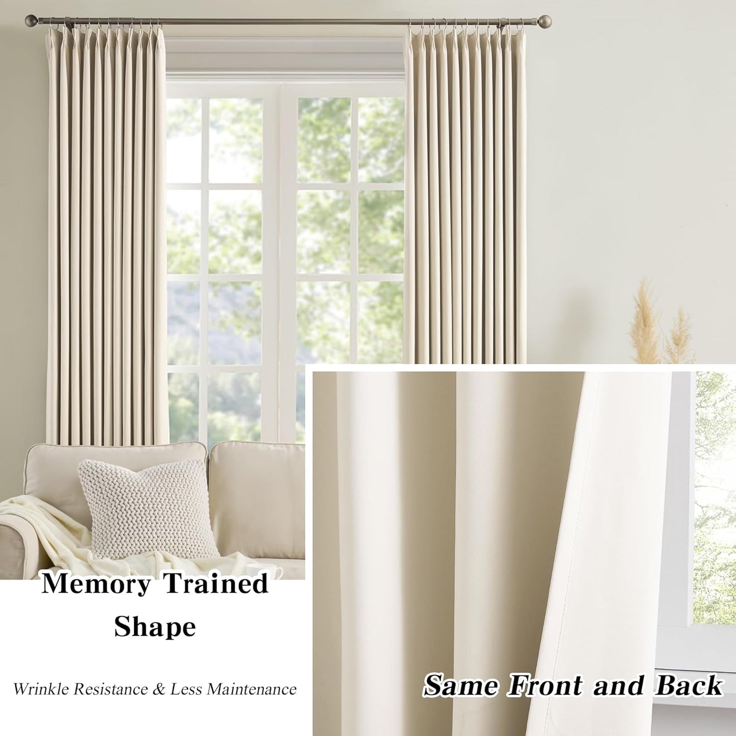 KEQIAOSUOCAI Cream Beige Blackout Curtains 105 Inches Long, Privacy Window Drapes for Living Room/Dining Room/Bedroom, 72 Inch Wide x 105 Inch Long, Pinch Pleat with Hooks, 2 Panels