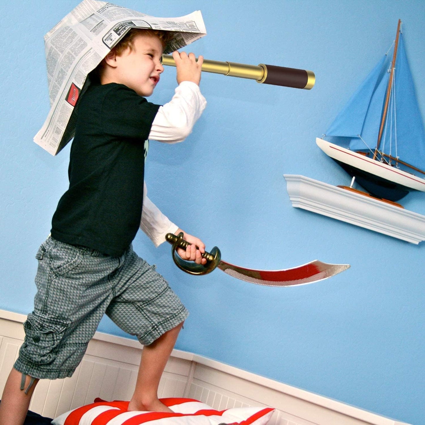 Pirate Spyglass Telescope Pocket Compass Kids Toys Set for Pirate Party, Retro Pirate Telescope Zoomable 25x30 Spyglass with Pirate Pocket Compass for Pirate Party Supplies