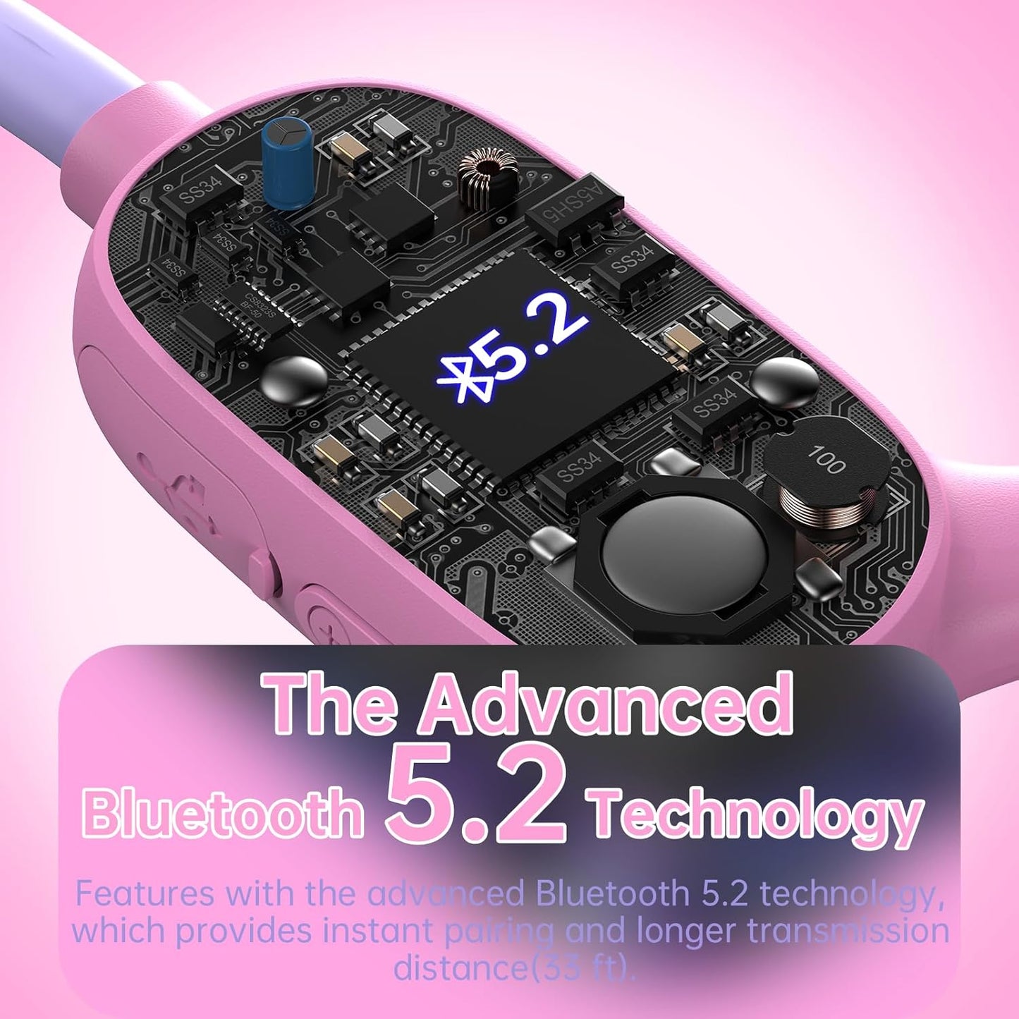 Kids Headphones, Bluetooth 5.2 Air Conduction Open Ear Headphones, 85dB Volume Limiting, Stereo Sound with Mic, IPX5 Waterproof, 20H Playtime, Perfect for School and Outdoor-Pink