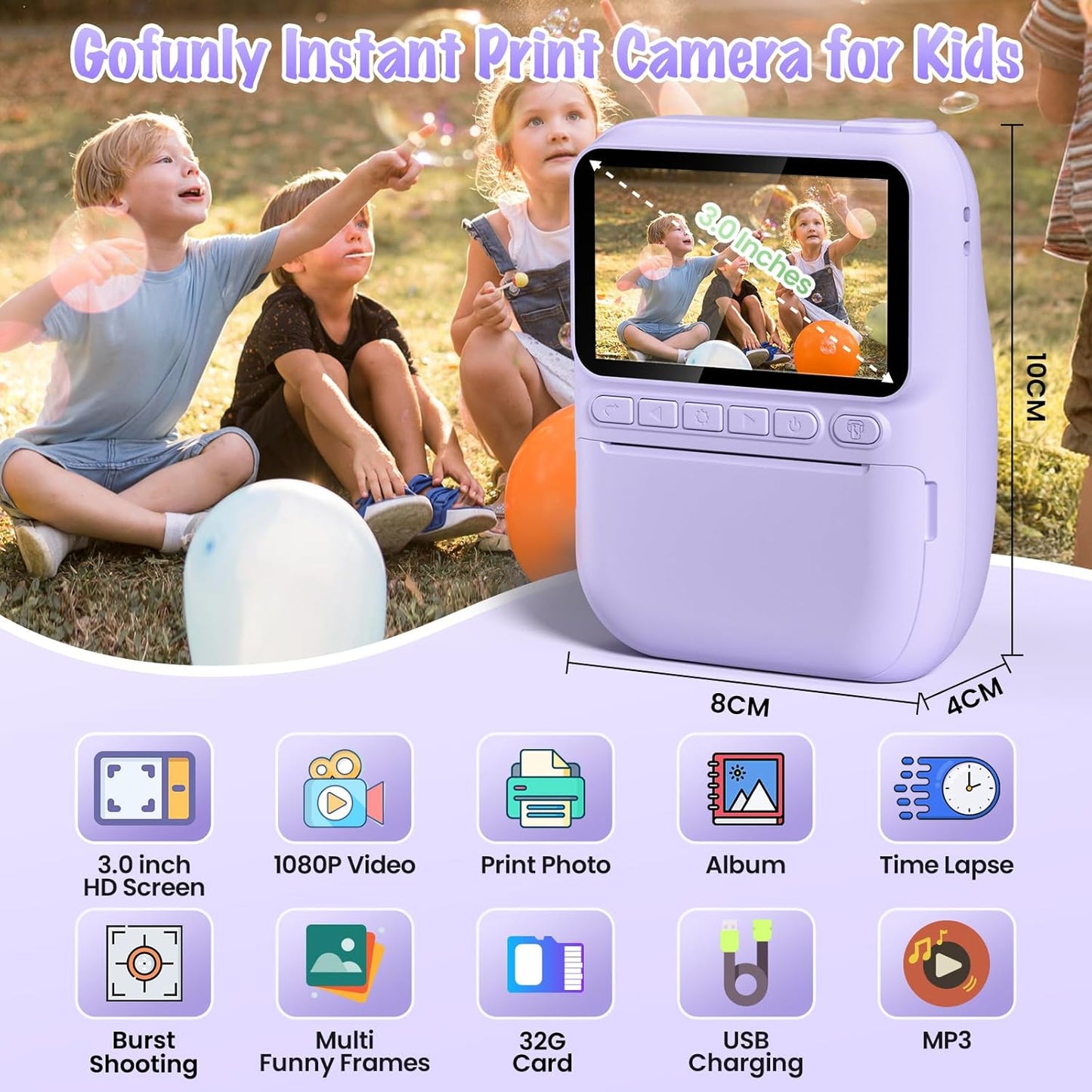 Kids Camera Instant Print, 3.0" HD 32MP Kids Camera Christmas Birthday Gifts for 3 4 5 6 7 8 9 10 11 12 Year Old Girls Boys, 32GB SD Card-Purple