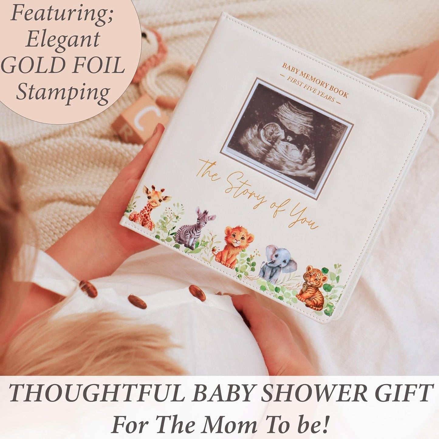 Baby Book Keepsake - Timeless Baby Memory Book for Boy or Girl I First 5 Year I Faux Leather, Gender Neutral, Safari Theme w/Gold Foil Stamp - Baby First Year Book Journal Scrapbook Photo Album Shower