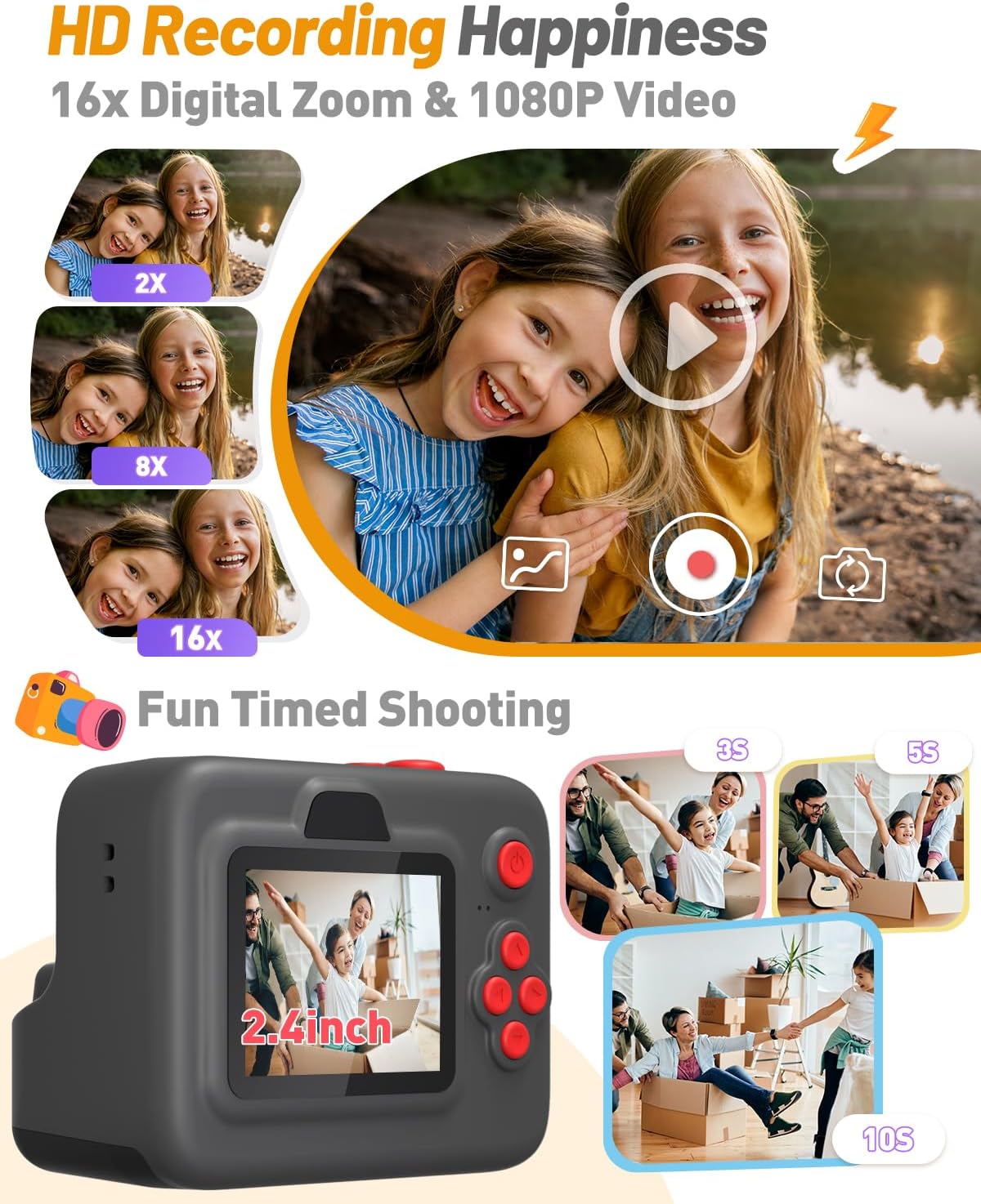 Kids Camera Instant Print, Christmas Birthday Gifts for 3-12 Year Old Boys Girls, 2.4in Screen 1080P Kids Digital Camera Toys for Kids Age 3 4 5 6 7 8 9 10 with 3 Rolls Print Paper 32G Card
