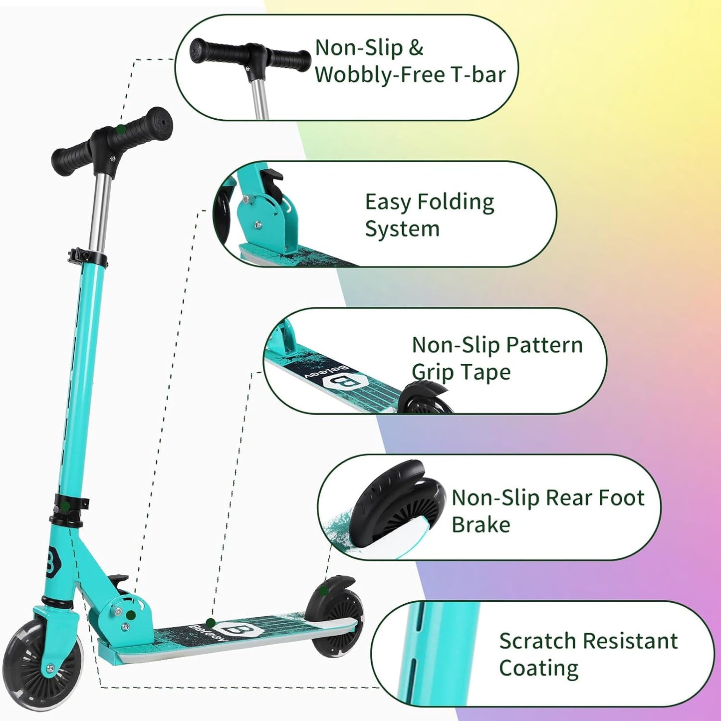 BELEEV V2 Scooters for Kids with Light-Up Wheels & Stem & Deck, 2 Wheel Folding Scooter for Girls Boys, 3 Adjustable Height, Non-Slip Pattern Deck, Lightweight Kick Scooter for Children Ages 3-12