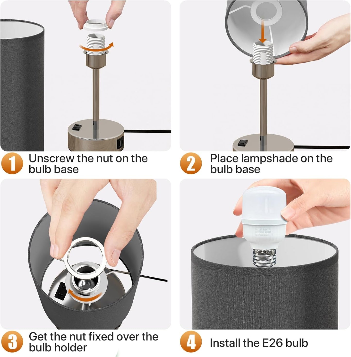 KPQ Small Bedside Lamp Touch Control Table Lamp with USB A+C Charging Ports & AC Outlet 3-Way Dimmable Nightstand Lamp with Linen Fabric Shade for Bedroom Living Room