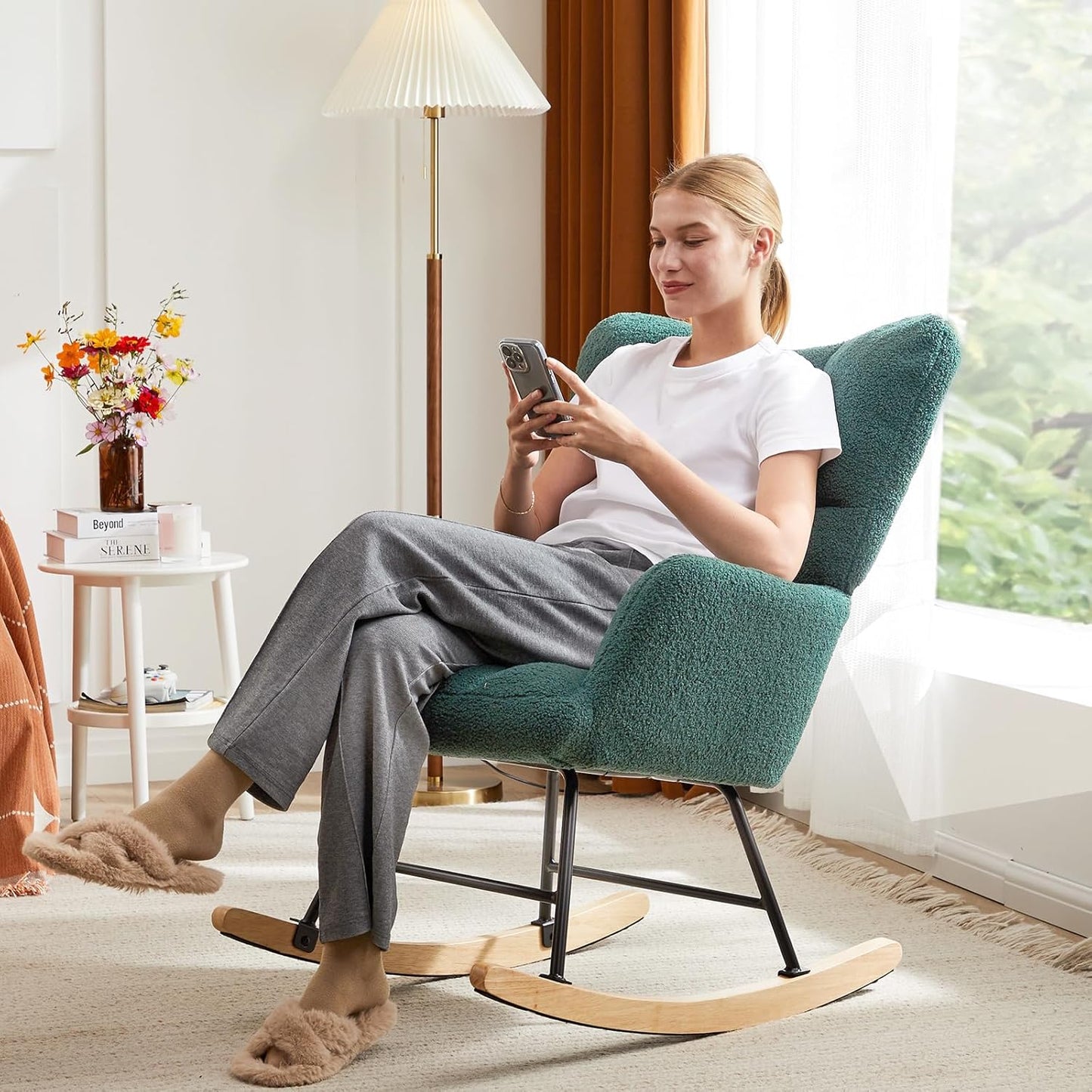 Sweetcrispy Rocking Chair Nursery, Teddy Upholstered Glider Rocker with High Backrest, Reading Chair Modern Rocking Accent Chairs Glider Chair for Nursery, Living Room, Bedroom, Deep Green