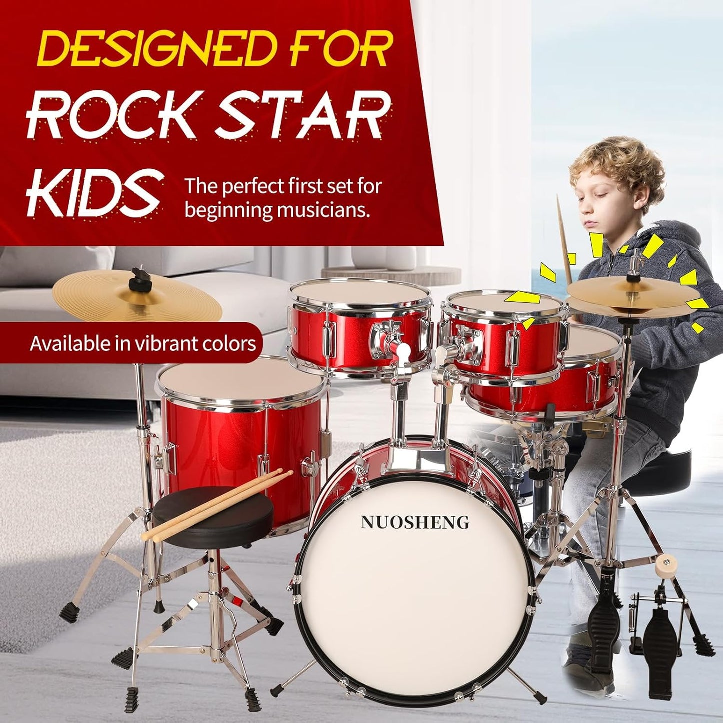 Kids 5-Piece Complete Junior Drum Set with Genuine Brass Cymbals with 16" Bass Drum, Tom-Tom, Snare, Cymbals, Hi-Tone Drum, Drum Sticks, Base Pedal and Adjustable Throne, Beginner Set Red