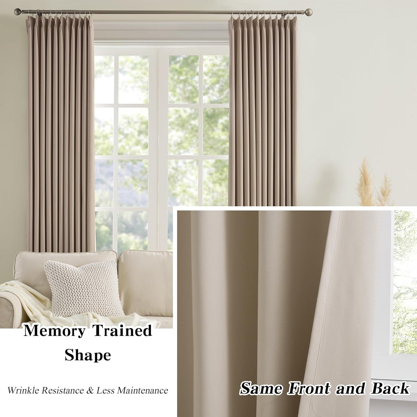 KEQIAOSUOCAI 60 Wide Pinch Pleated Window Curtain Panels 105 Inches Long Custom Made Pleated Curtains Hooks Track Privacy Memory Shape Drape for Living Room,Khaki, Set of 2=120 Inch Wide