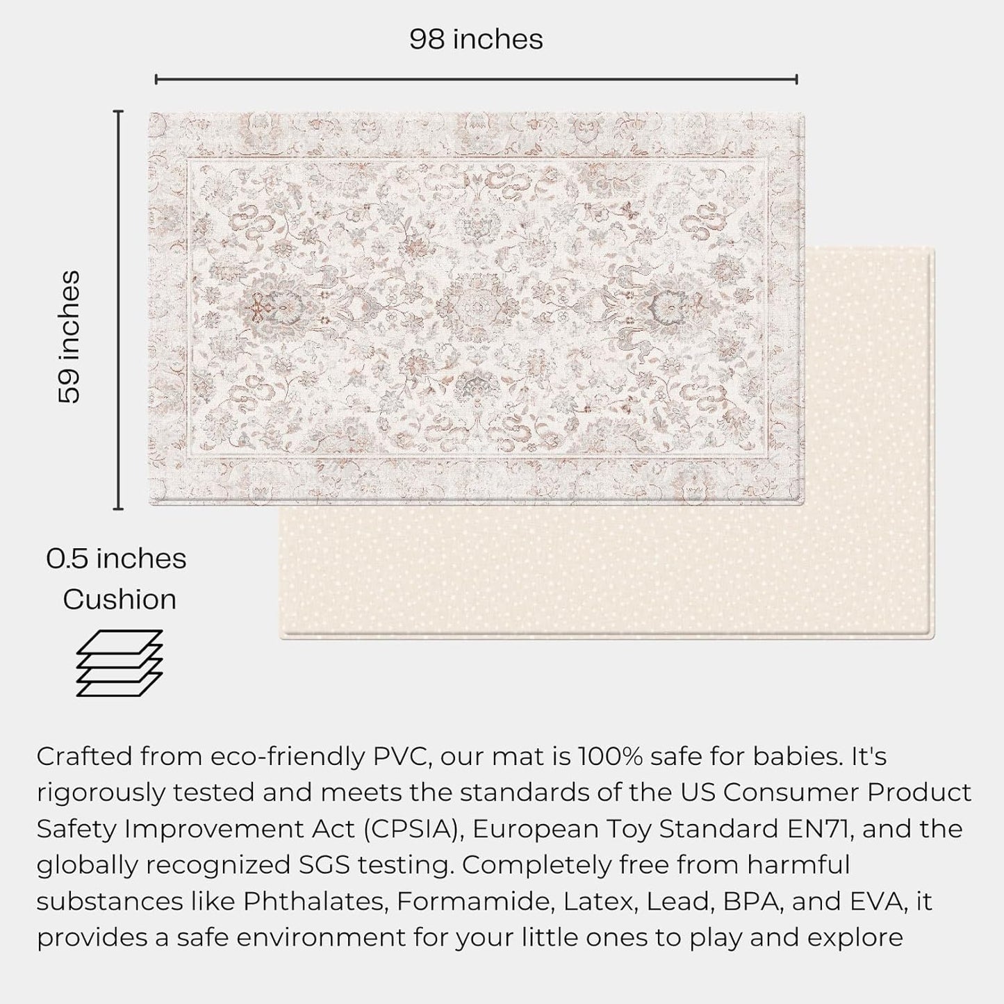 Baby Care Soft Rug (Prestige, Ikat - Tebriz) 98'' x 59'' Original One-Piece Reversible Rollable Waterproof Play Mat for Infants, Babies, Toddler, and Kids