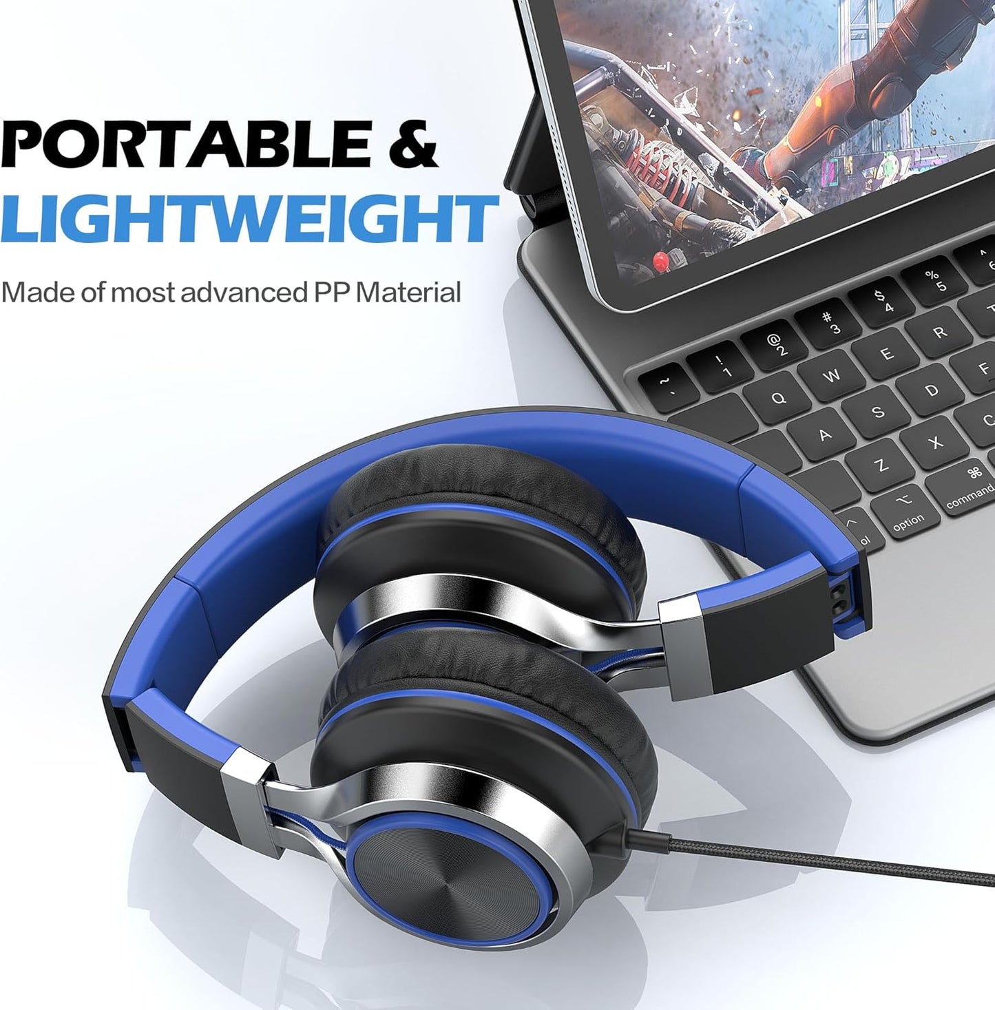 AILIHEN C8 USB-C Headphones Wired - Kids Headphones with Microphone & Volume Control, Foldable Stereo Sound Tangle-Free Type C Cord, Compatible with Cellphone, Laptop, PC (Black Blue)