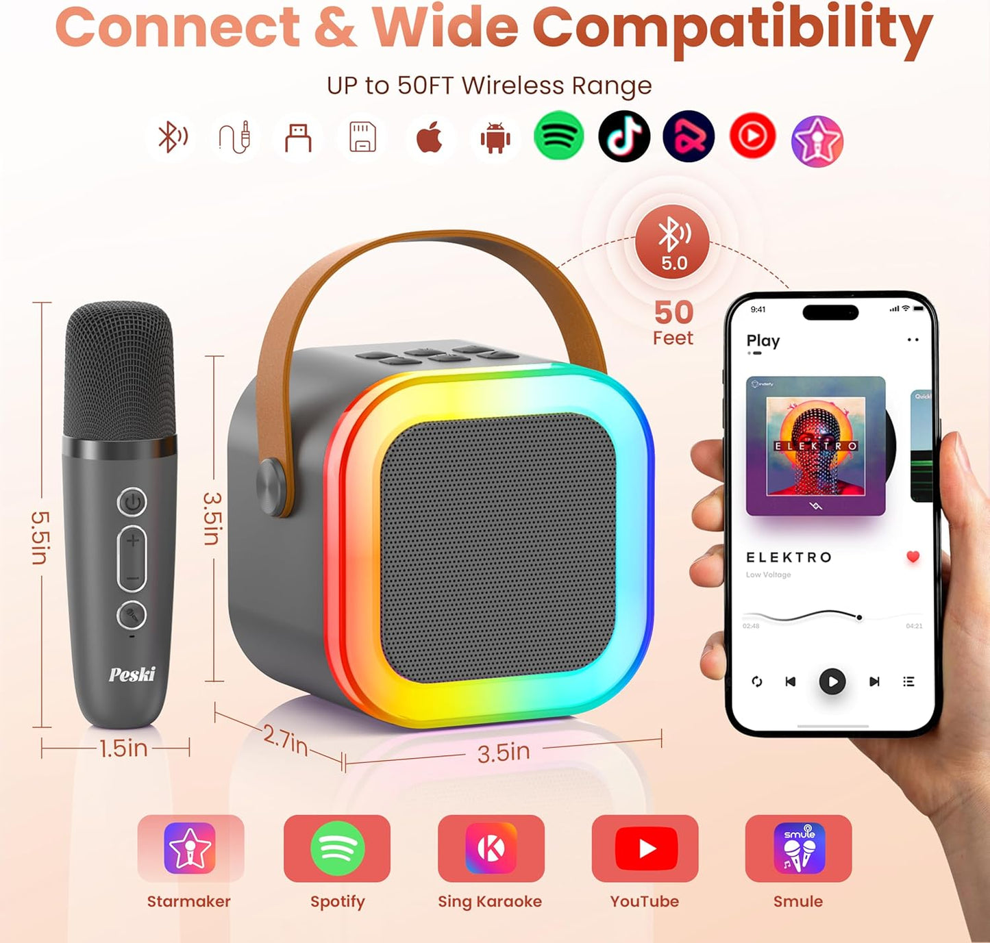 Karaoke Machine for Kids Adults, Portable Bluetooth Mini Karaoke Microphone Singing Speaker Karaoke Player with 2 Wireless Mic, for All Smartphones,Birthday, Family,Home Party (Space Gray)
