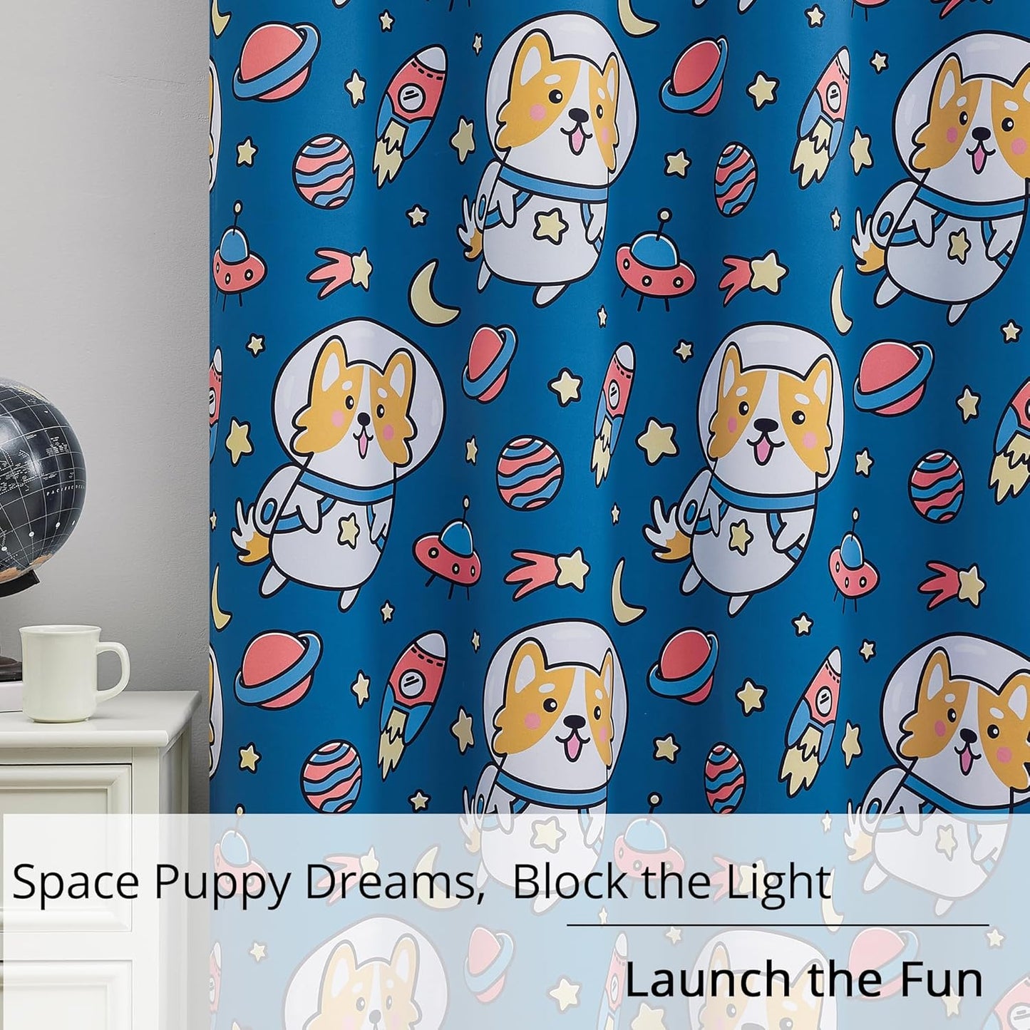 Kids Blackout Curtains - Space Dog Design, 100% Blackout, 2 Panels, Each W52×L84, Thermal Insulated, Noise Reducing & Energy Efficient for Kids Bedroom, Turn your child’s room into a fun adventure