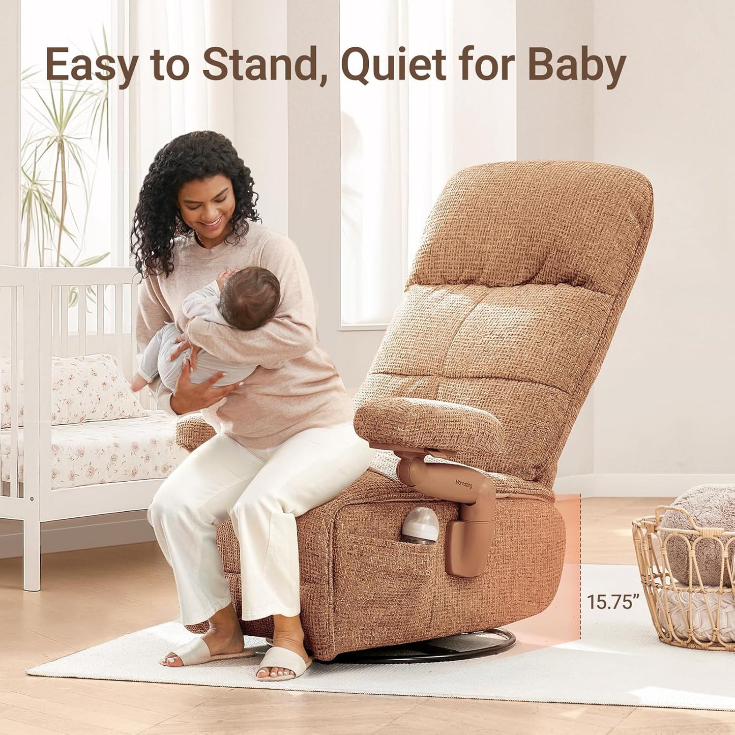 Nursery Swivel Glider Recliner Chair with Adjustable Armrests & Headrest, Rocking Chair Nursery with Removable Cover for Breastfeeding, FSC & Oeko-TEX Certified, Brown