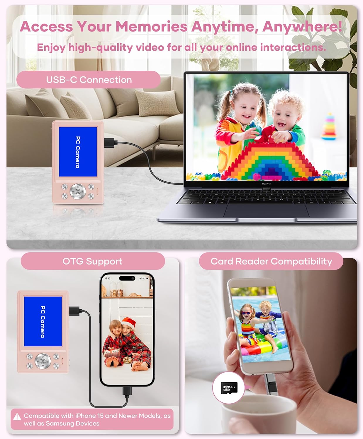 WONNIE Digital Camera 56MP, FHD 1080P Point & Shoot Camera with 32GB SD Card, 2 Batteries, and Lanyard, Ideal for Kids & Teens, Suitable Gift for Girls,Pink, 2-Pack