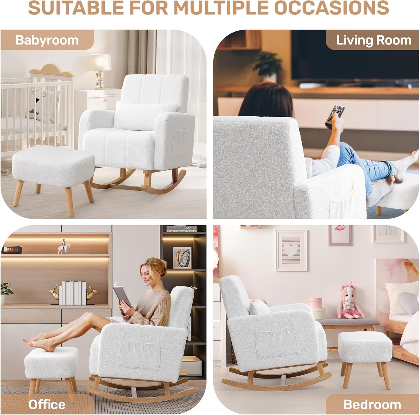 Rocking Chair with Ottoman, Upholstered Nursing Glider Rocker with High Backrest and Side Pocket, Comfy Reading Chair with Solid Wood Legs for Nursery/Living Room/Bedroom White