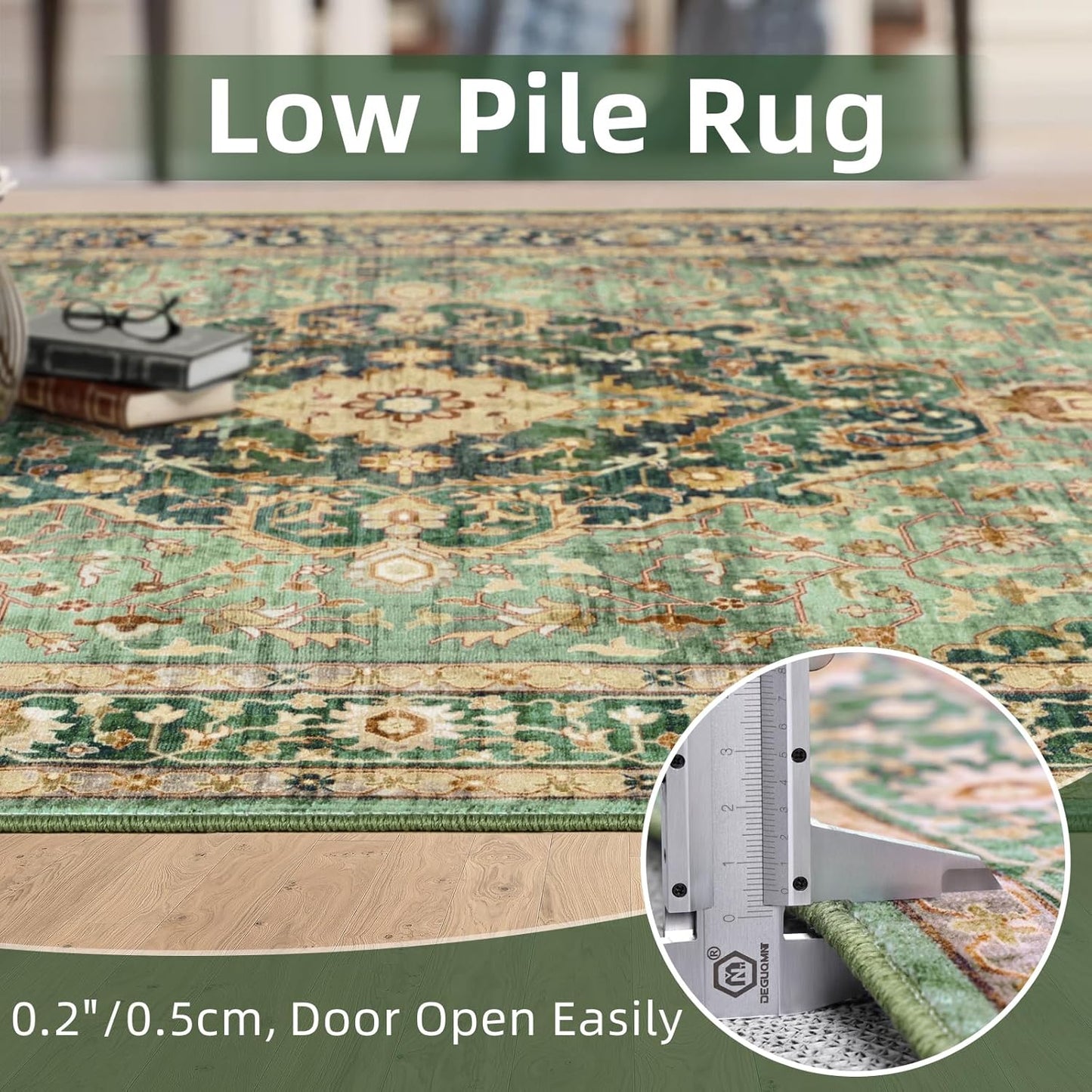 10x12 Green Rugs for Living Room Bedroom, Washable Area Rugs Non Slip Large Rug for Dining Room Office, Floor Decoration Vintage Boho Big Rug Carpet Low-Pile Kid & Pet Friendly