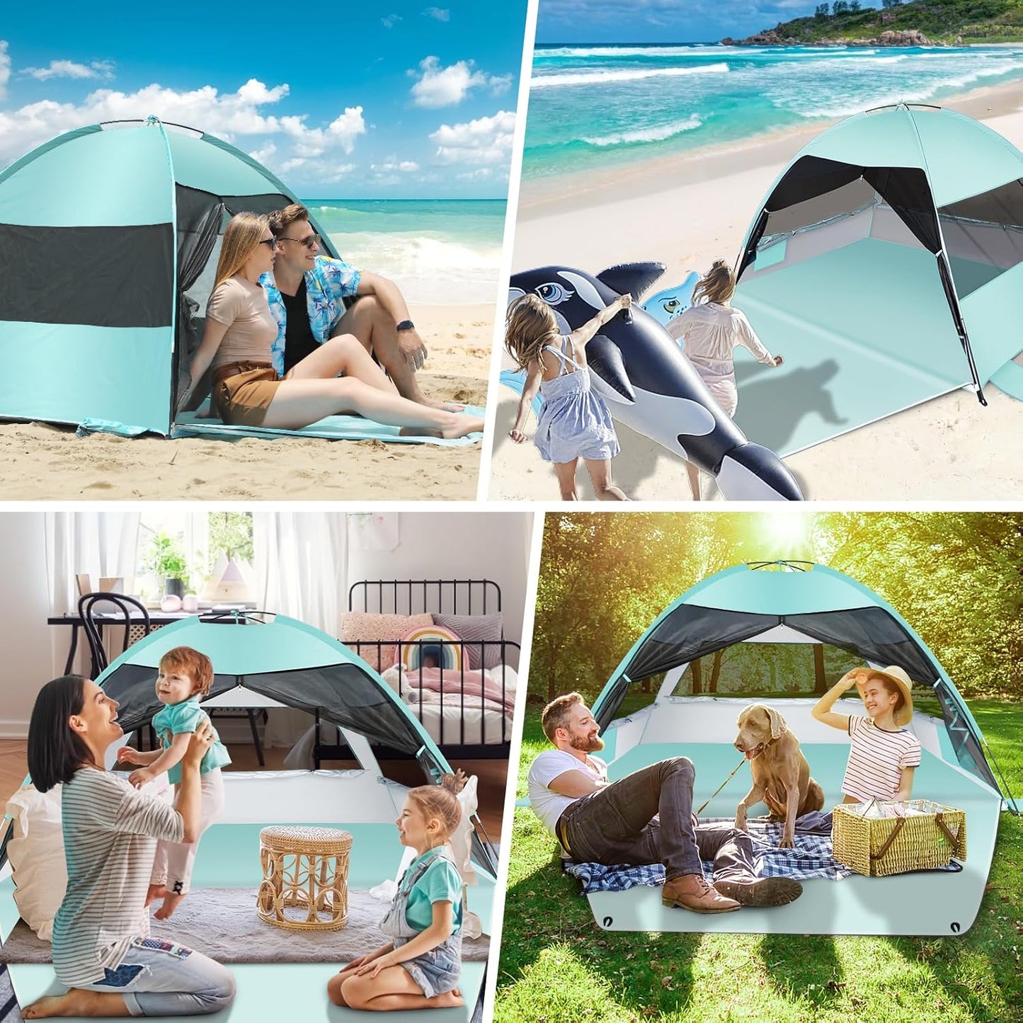Large Easy Setup Beach Tent,Anti-UV Beach Shade Beach Canopy Tent Sun Shade with Extended Floor & 3 Mesh Roll Up Windows Fits 3-4 Person,Portable Shade Tent for Outdoor Camping Fishing (Mint Green)