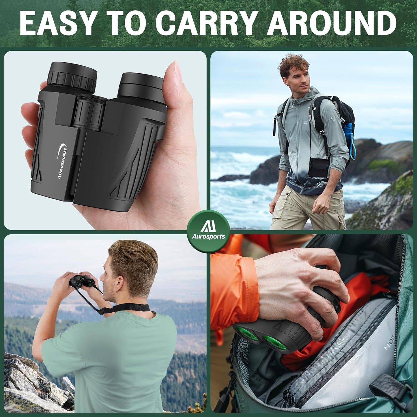 Aurosports 15x25 Compact Binoculars for Adult Kids - High Power Binoculars for Bird Watching - Easy Focus Small Binocular with Low Light Vision for Travel, Camping, Concert, Hiking