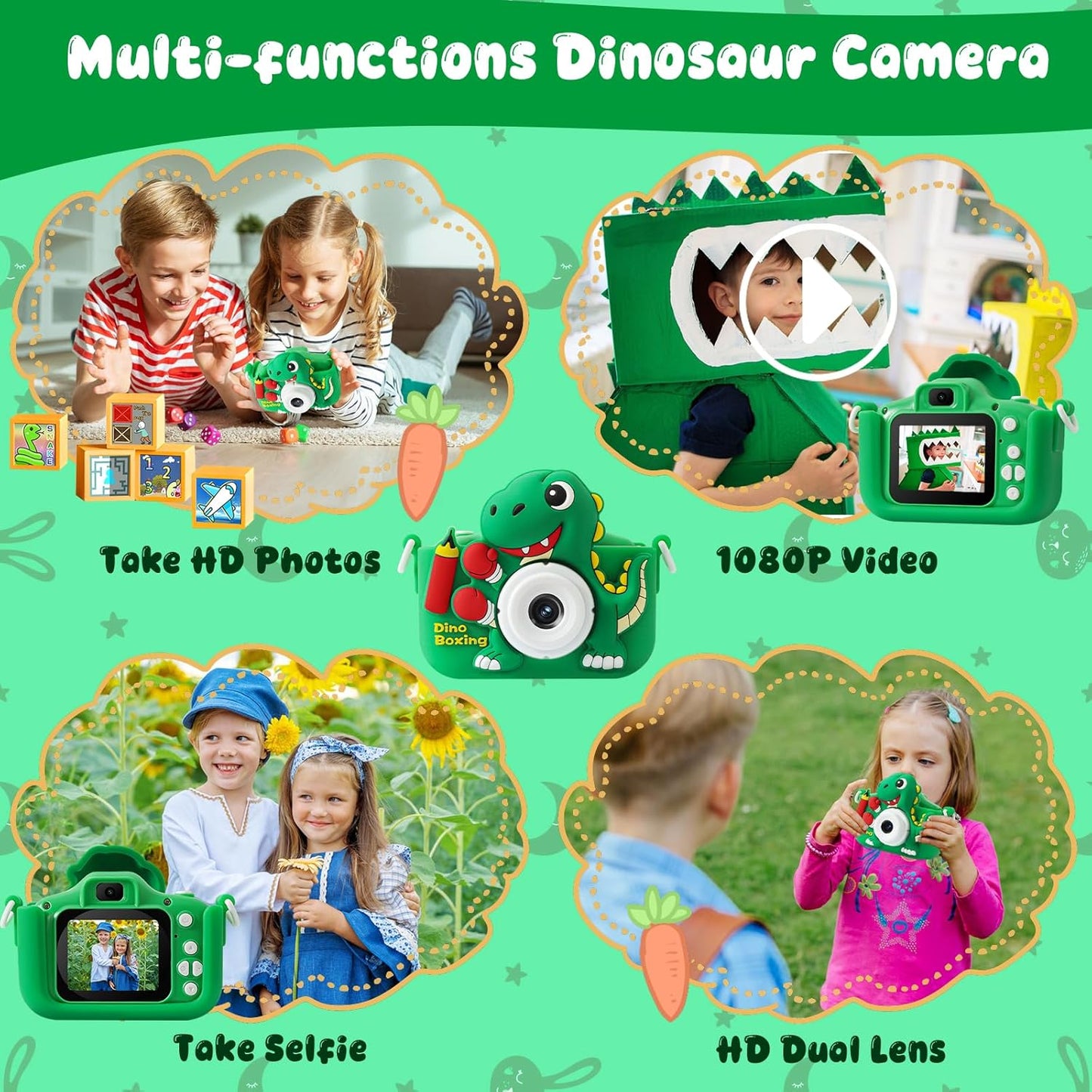 Kids Camera, Dinosaur Kids Camera for Kids Boys, Toddler Camera Digital Camera for Kids Age 3-12, Christmas Birthday Gifts Toys for 3 4 5 6 7 8 9 10 Years Old Boys, 1080P HD Selfie Video Camera
