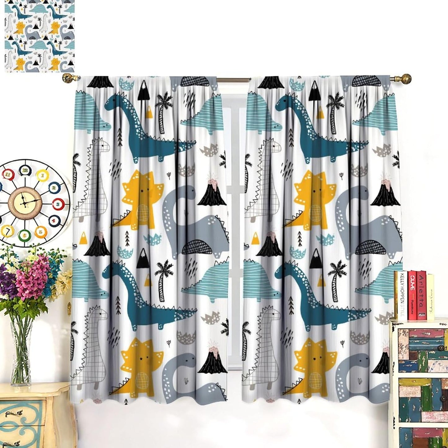 Kids Dinosaur Curtains for Boys Girls Bedroom Decor Cartoon Dino Colorful Cute Funny Wildlife Animal Printed Blackout Rod Pocket Window Drapes for Baby Nursery Playroom Living Room W21xL45in Decor