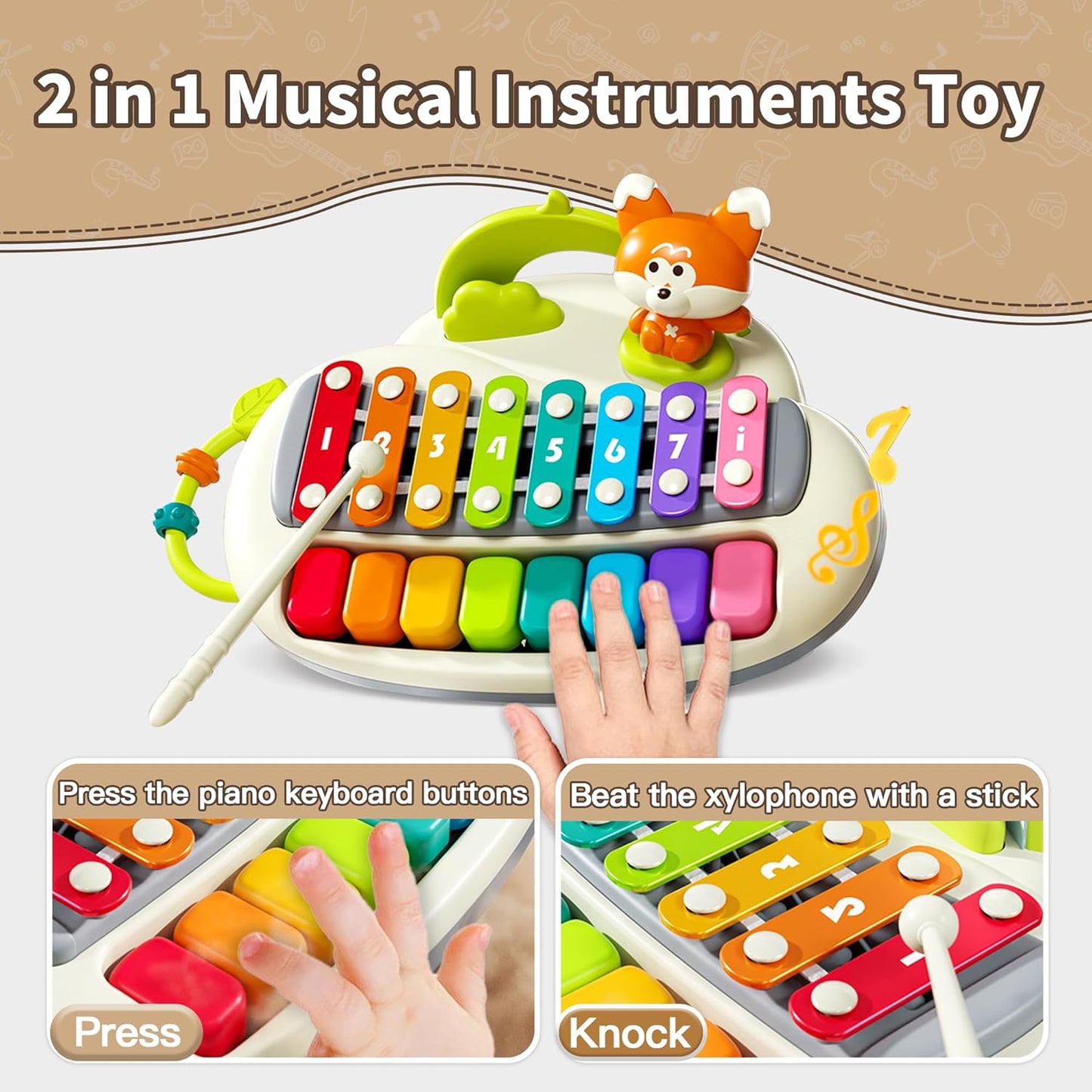 2 in 1 Baby Piano Xylophone for Toddlers, 8 Multicolored Key Keyboard Piano, Musical Table Percussion Sensory Toys ,Educational Musical Learning Instruments Toy for Kids Girls Boys