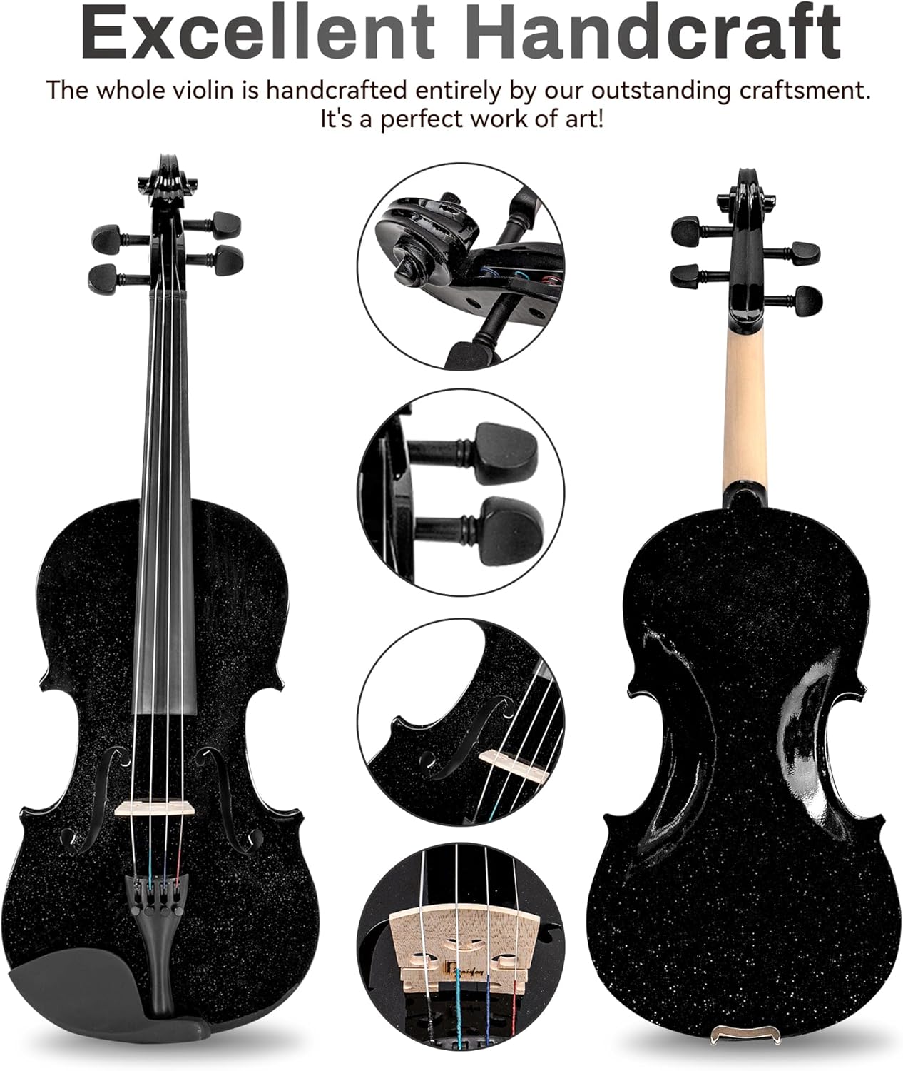 1/4 Violin Size Set for Beginners, Black Violin for Beginner Fiddle Kit with Hard Case, Violin Bow, Rosin, Horse Bridge, Strings 1/4 Full Set, Shoulder Rest, Clip-on Tuner, Manual Instruction